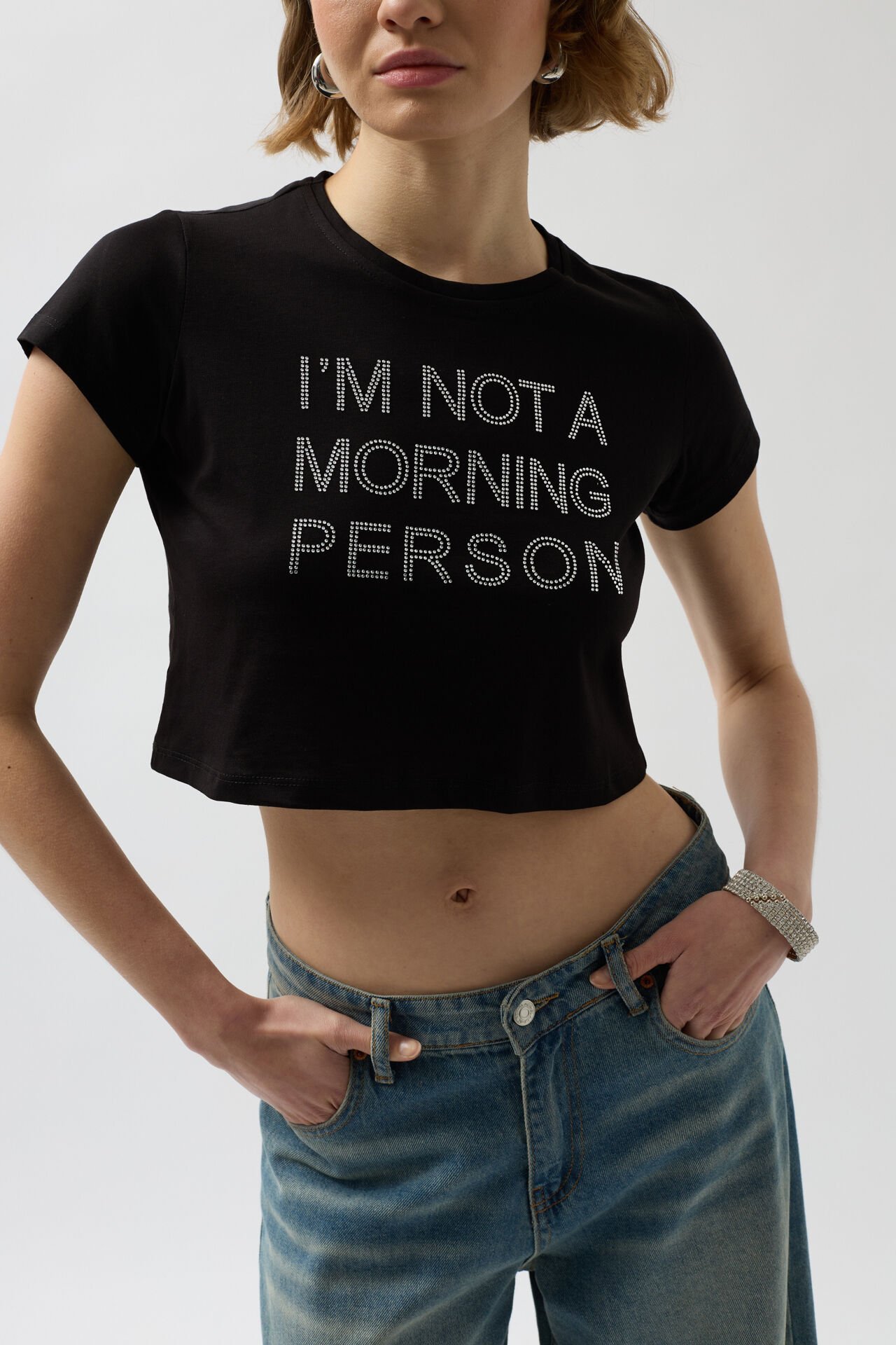 Toptan Taş Detay Siyah Crop T-Shirt