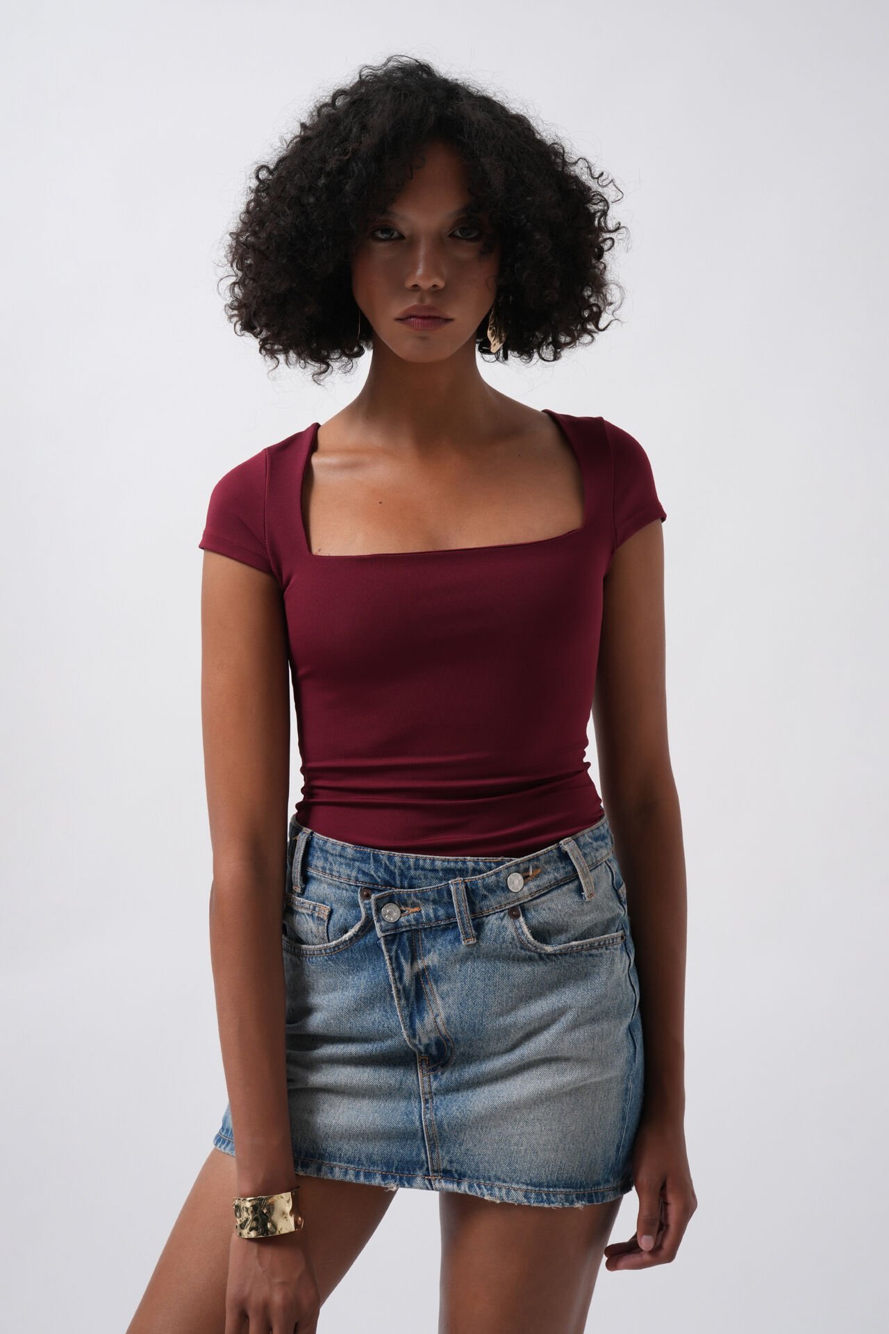 Wholesale Window Detail Low Cut Burgundy Blouse