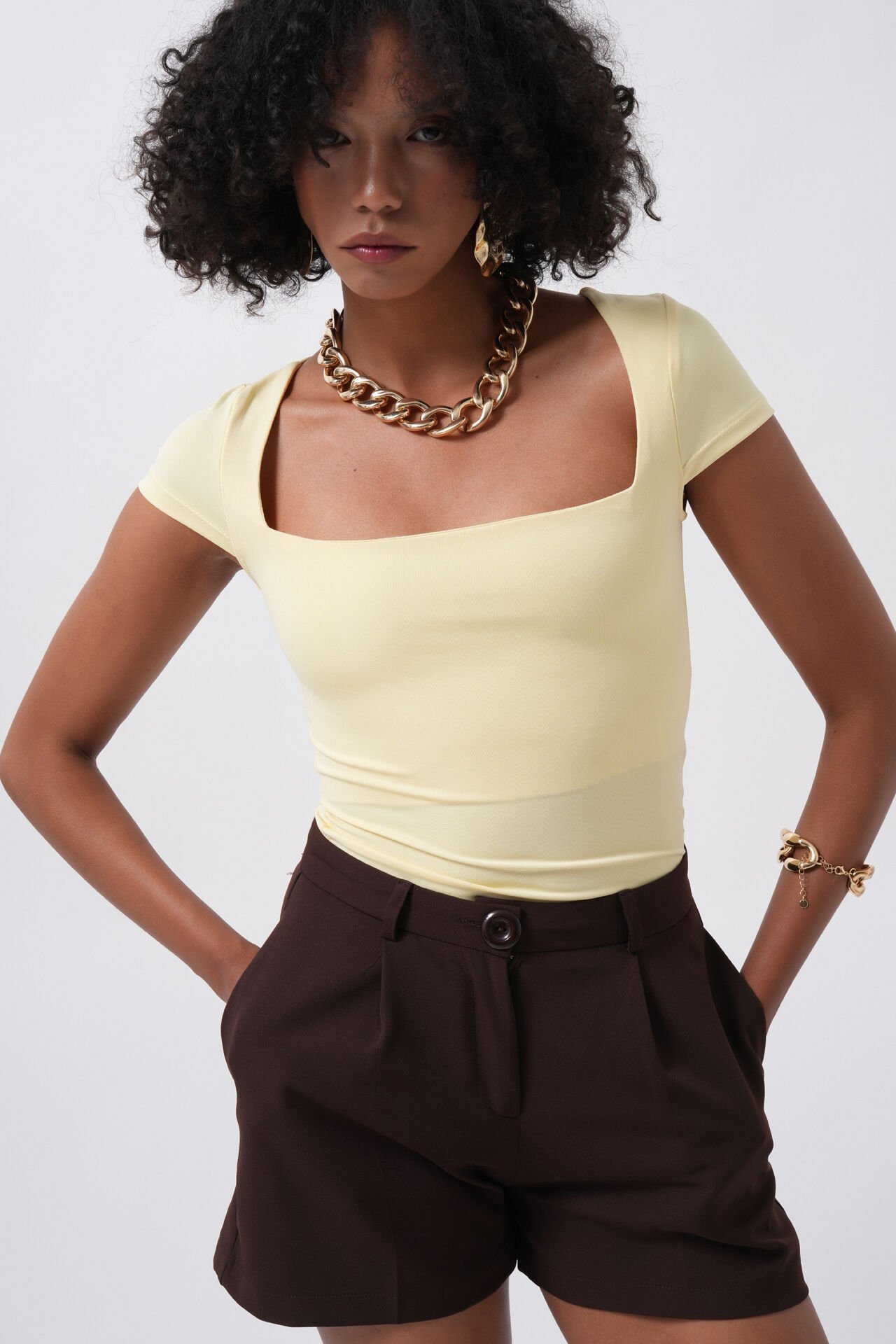 Wholesale Window Detail Low Cut Yellow Blouse