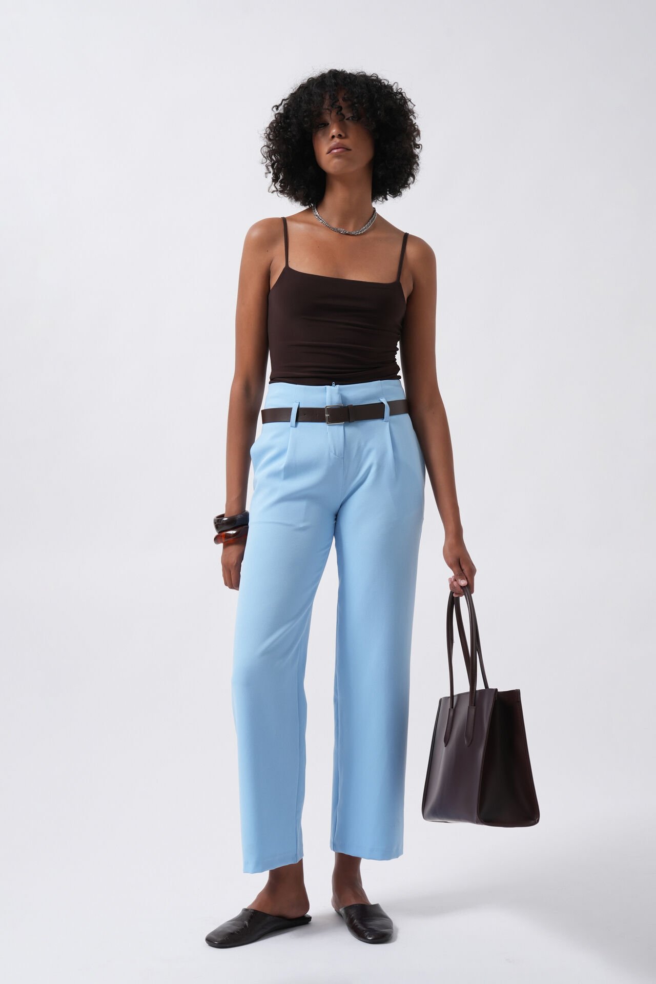Wholesale Belt Detail High Waist Baby Blue Trousers