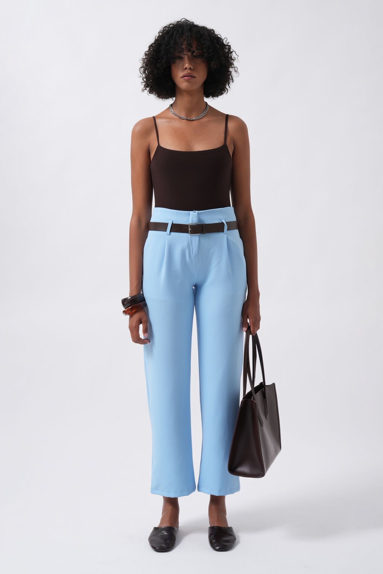 Wholesale Belt Detail High Waist Baby Blue Trousers
