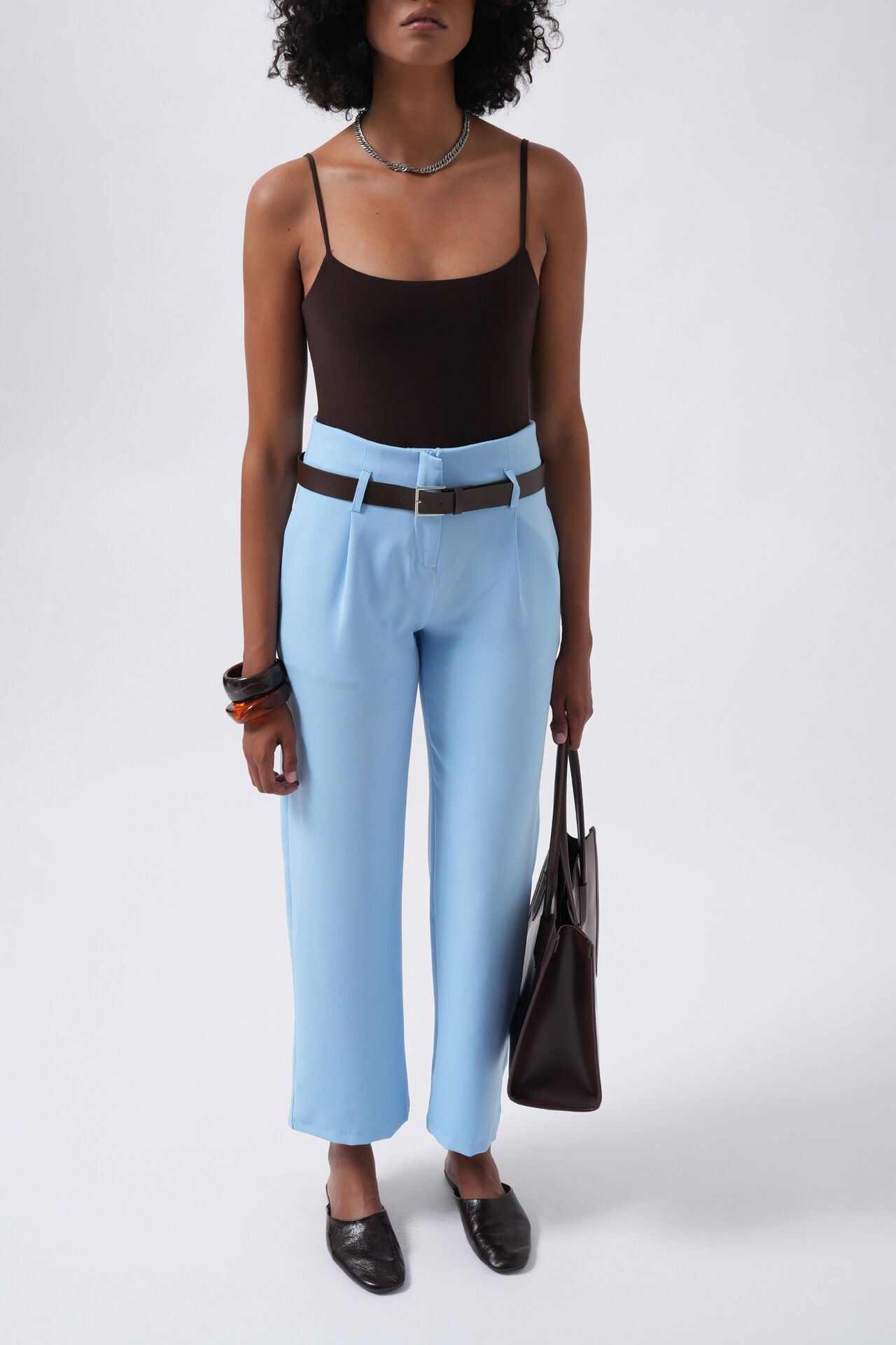 Wholesale Belt Detail High Waist Baby Blue Trousers