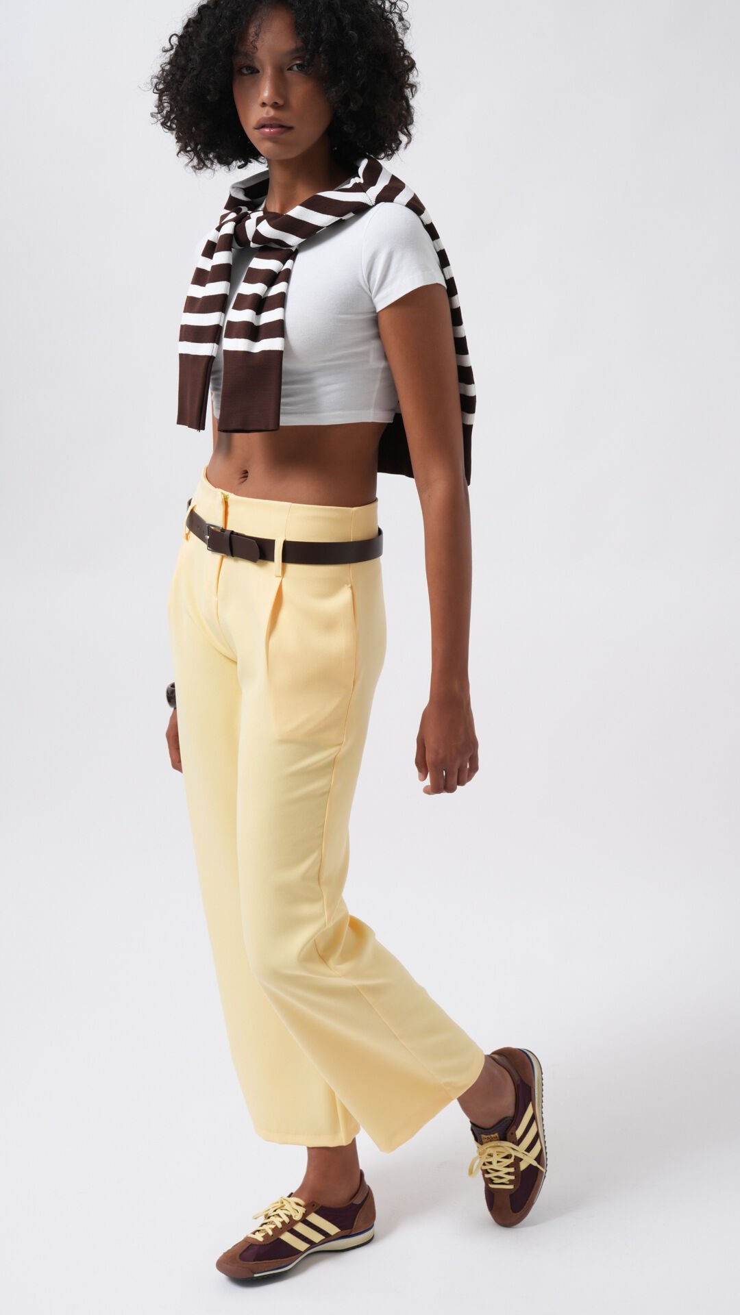 Wholesale Belt Detail High Waist Yellow Trousers