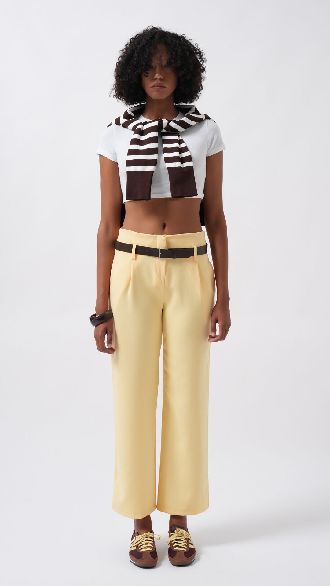 Wholesale Belt Detail High Waist Yellow Trousers