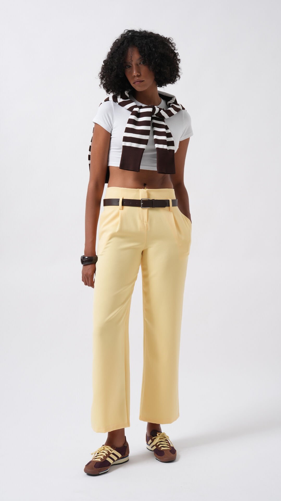 Wholesale Belt Detail High Waist Yellow Trousers