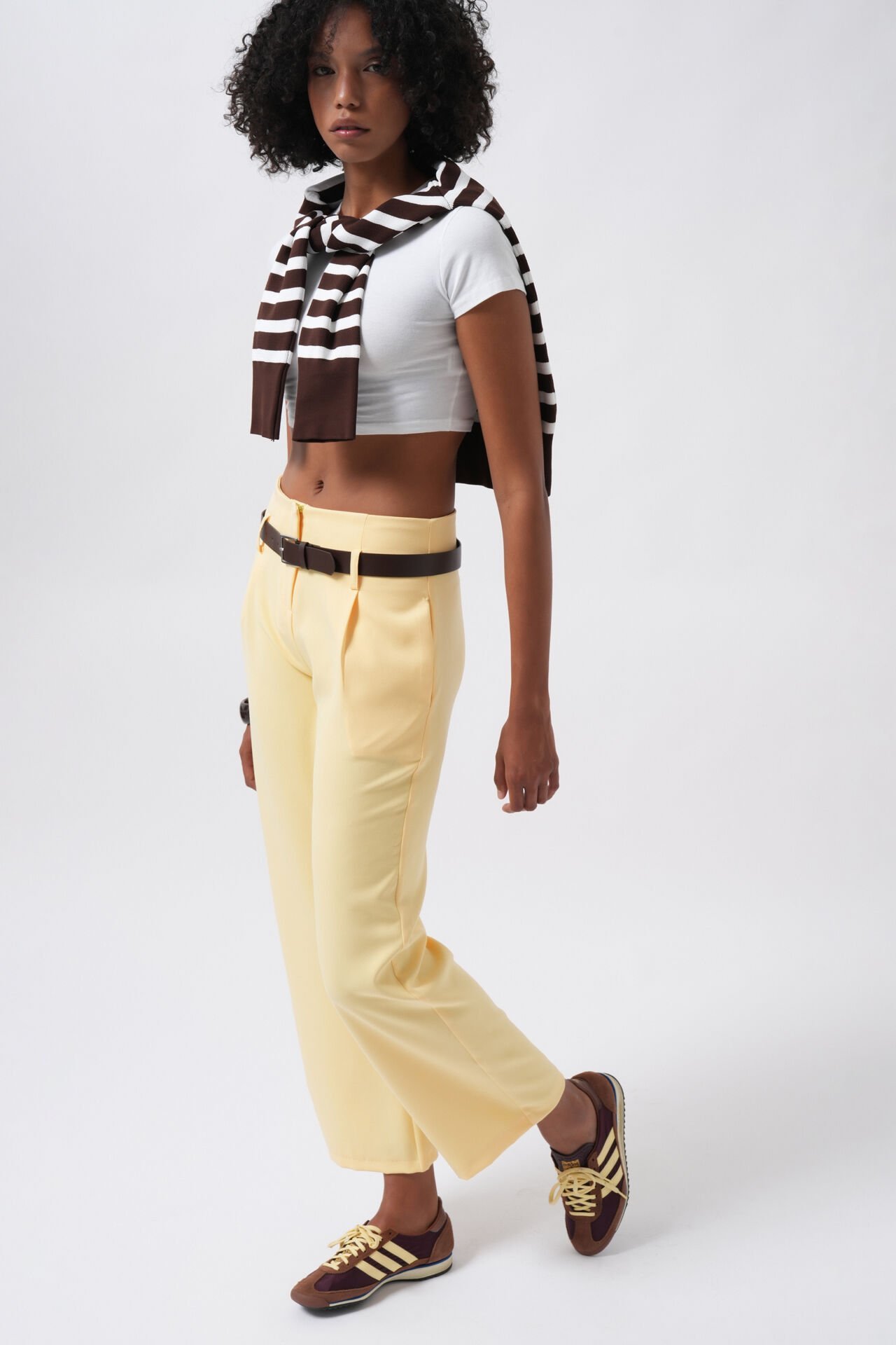 Wholesale Belt Detail High Waist Yellow Trousers