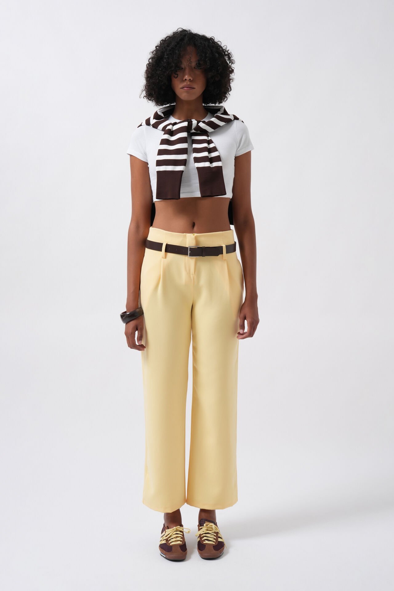 Wholesale Belt Detail High Waist Yellow Trousers