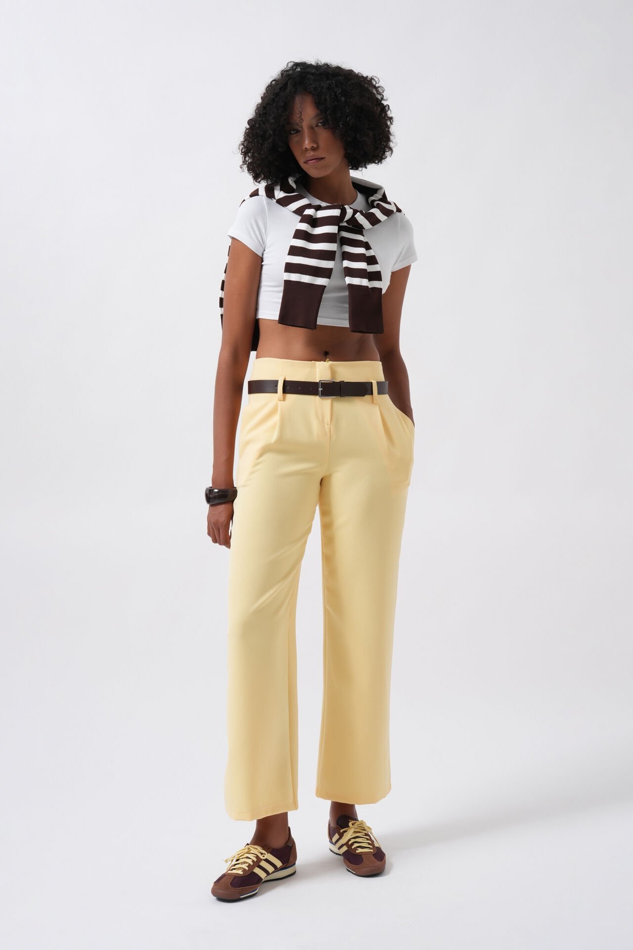 Wholesale Belt Detail High Waist Yellow Trousers