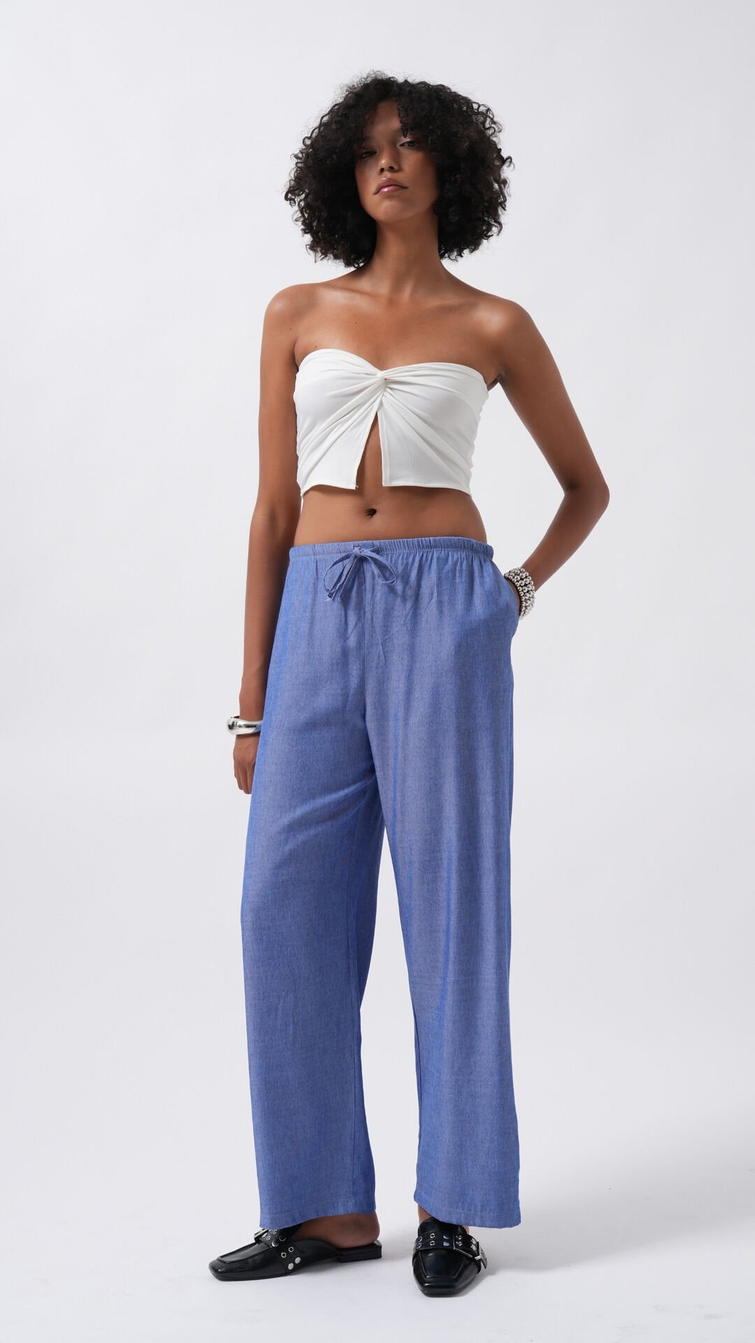 Wholesale Thin Belted Lace Detail Dark Blue Trousers