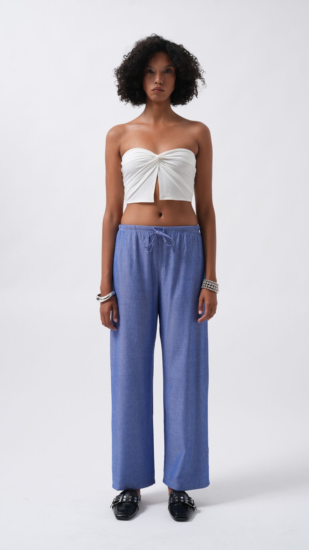 Wholesale Thin Belted Lace Detail Dark Blue Trousers