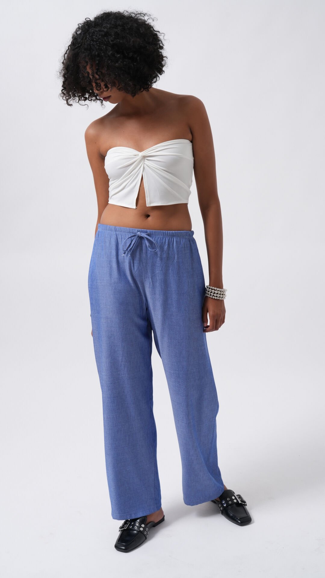 Wholesale Thin Belted Lace Detail Dark Blue Trousers