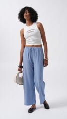 Wholesale Thin Belted Lace Detail Light Blue Trousers