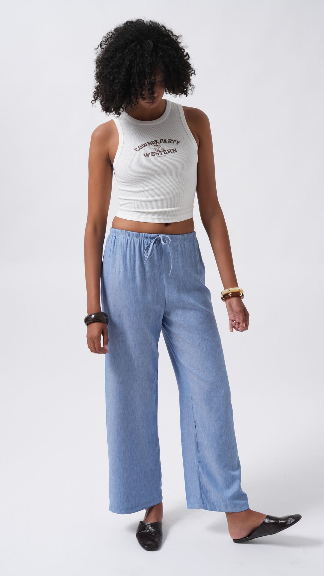 Wholesale Thin Belted Lace Detail Light Blue Trousers