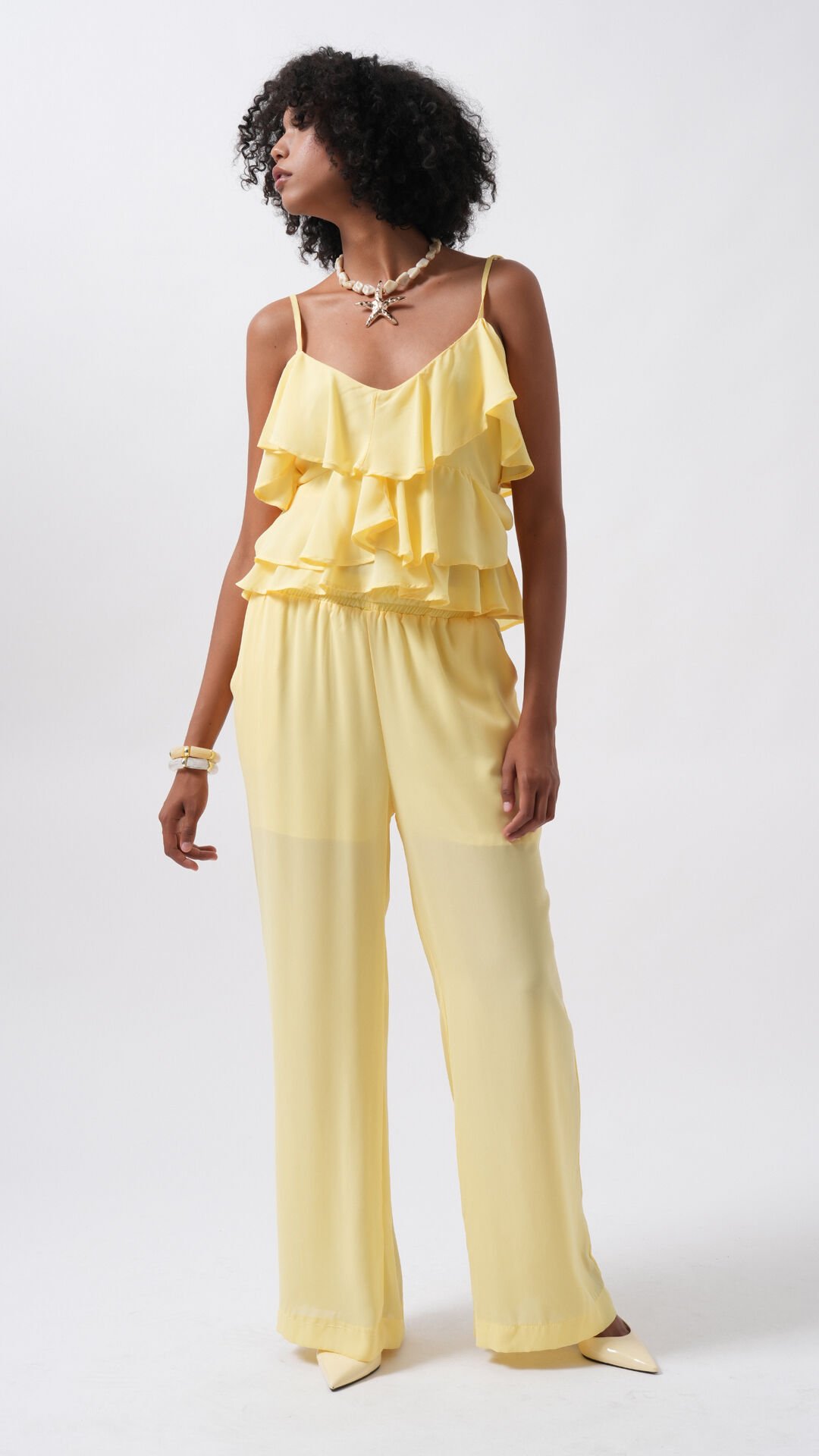 Wholesale Wide Leg Lined Tulle Yellow Trousers