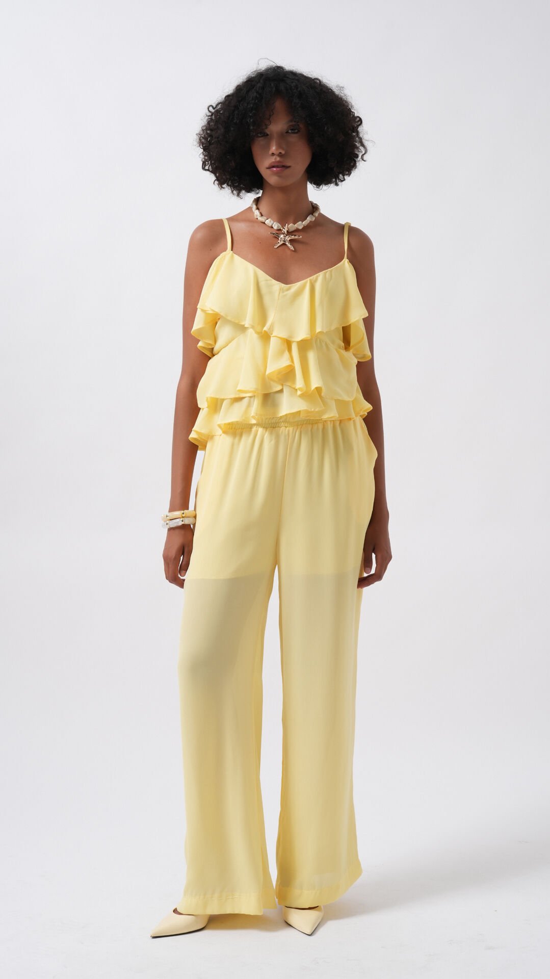Wholesale Wide Leg Lined Tulle Yellow Trousers
