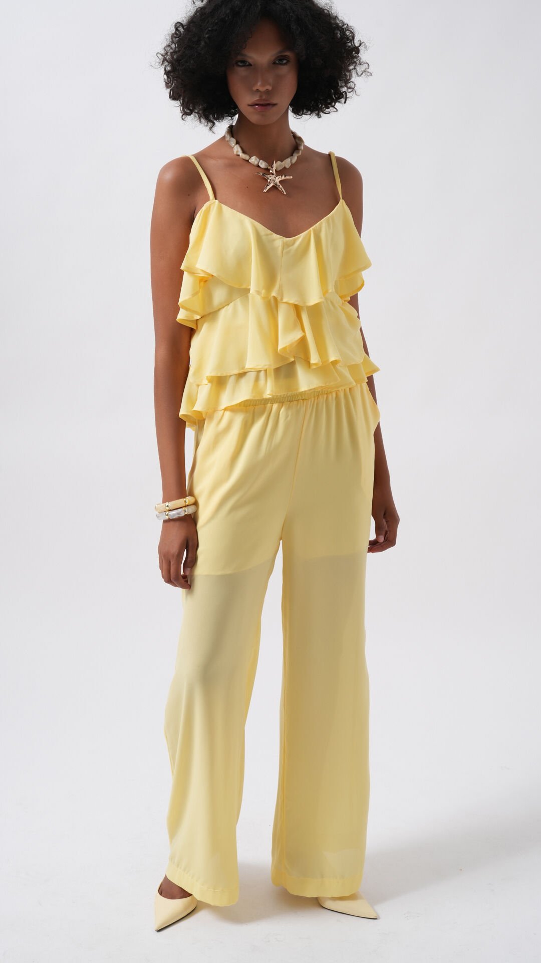 Wholesale Wide Leg Lined Tulle Yellow Trousers
