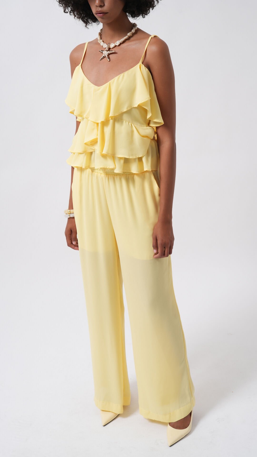 Wholesale Wide Leg Lined Tulle Yellow Trousers