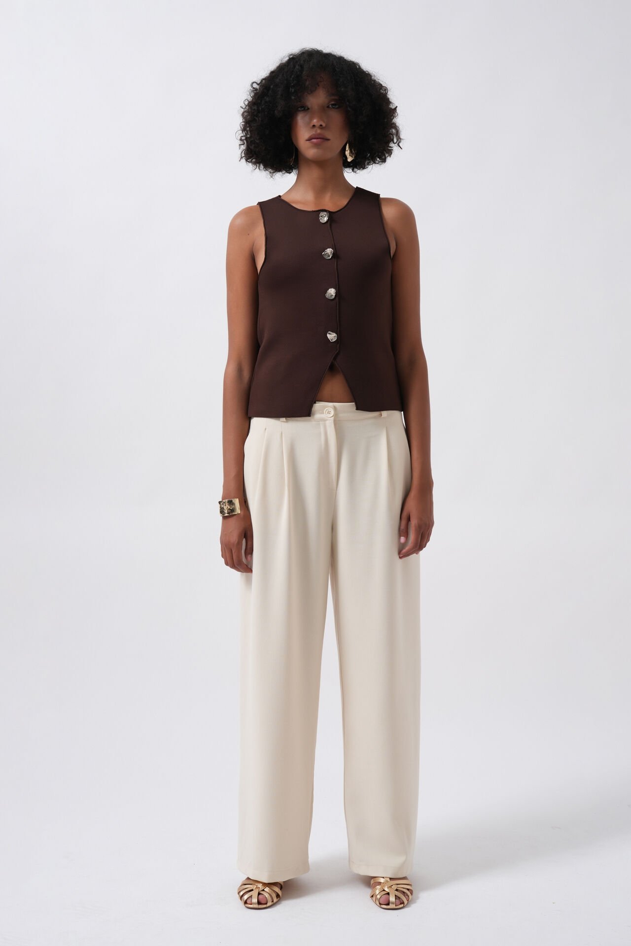 Wholesale Double Pleated Wide Leg Beige Trousers