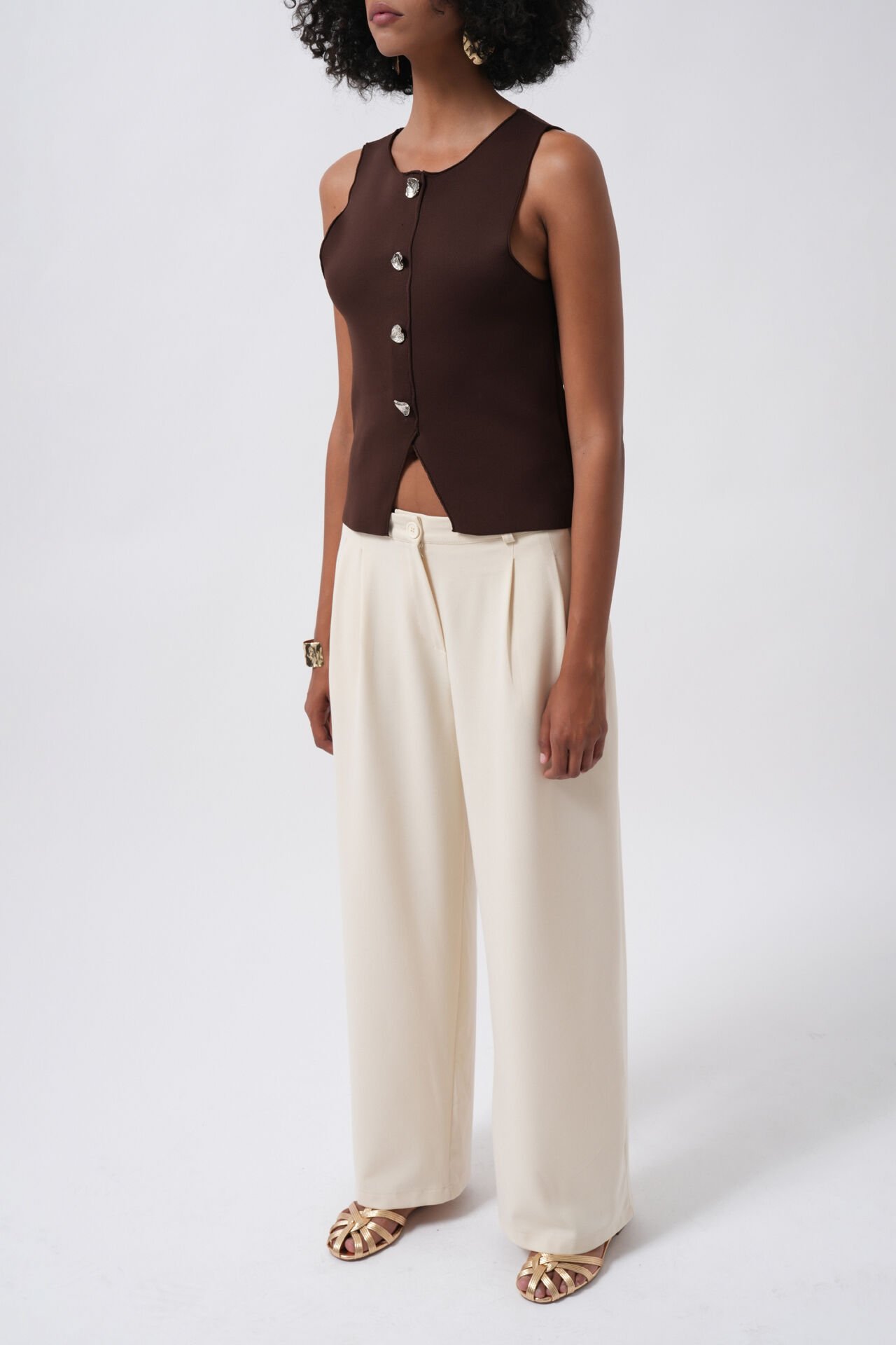 Wholesale Double Pleated Wide Leg Beige Trousers