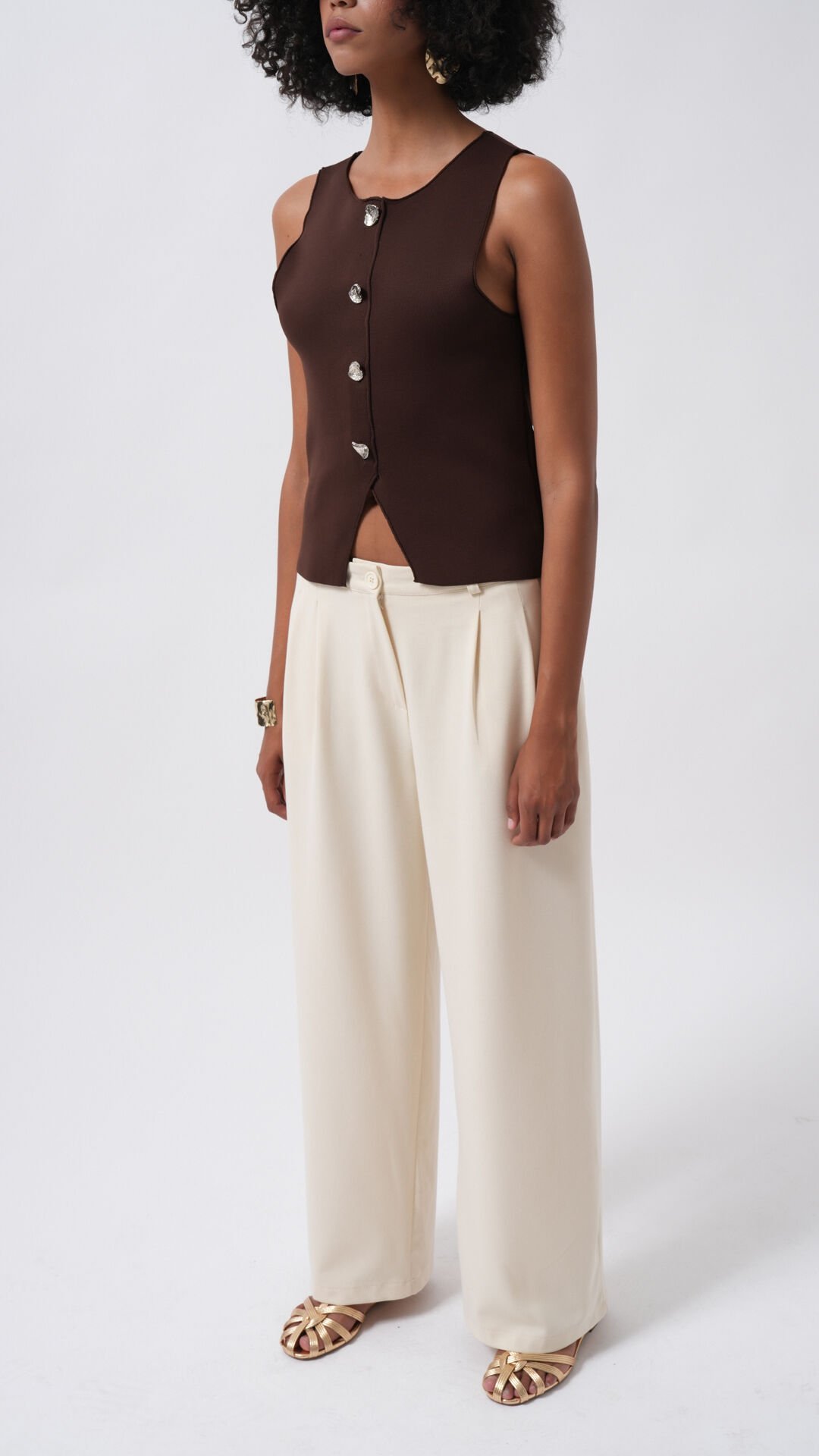 Wholesale Double Pleated Wide Leg Beige Trousers
