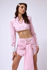 Toptan Kol Etiket Detay Çizgili Pembe Crop Gömlek