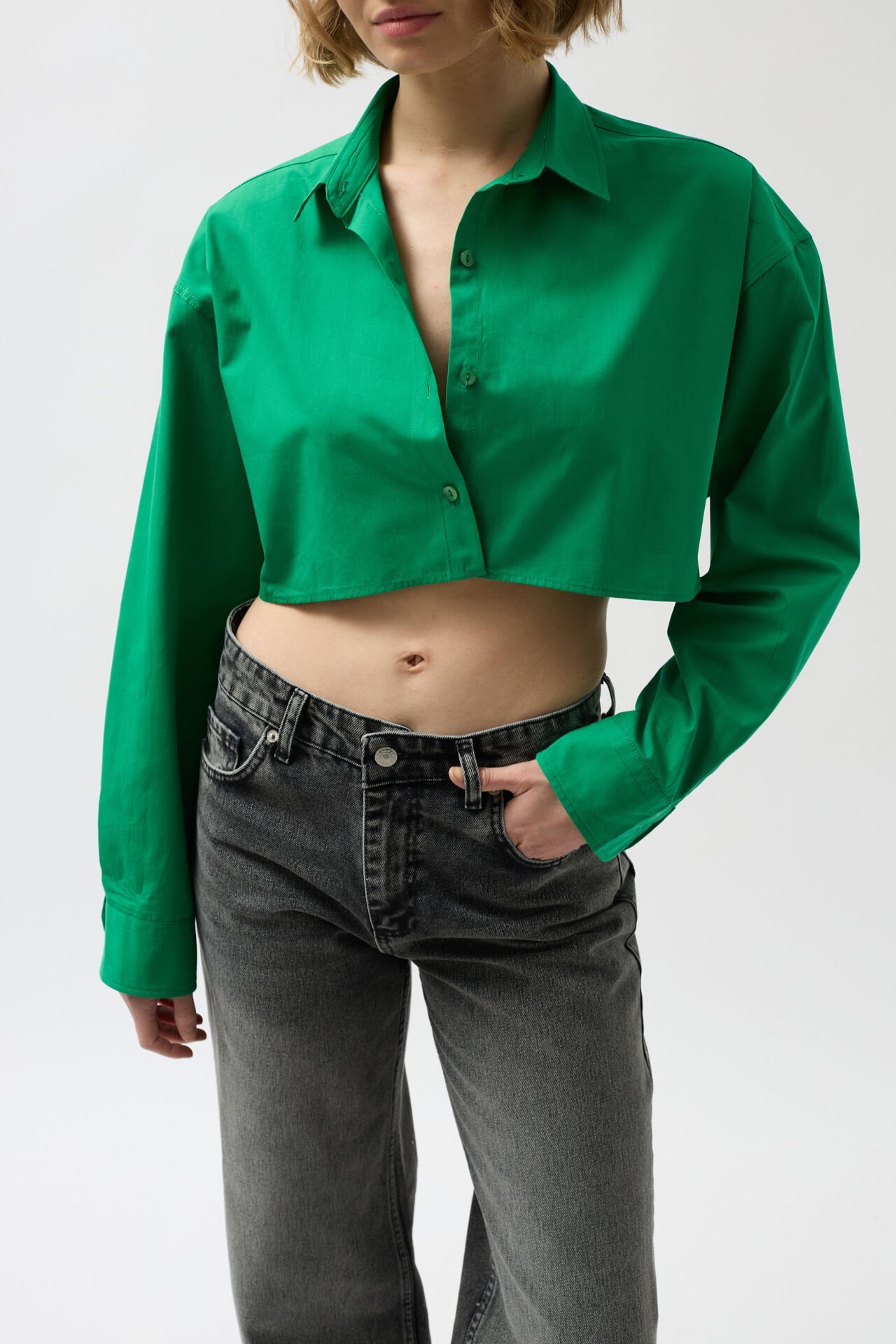 Toptan Crop Yeşil Oversize Gömlek