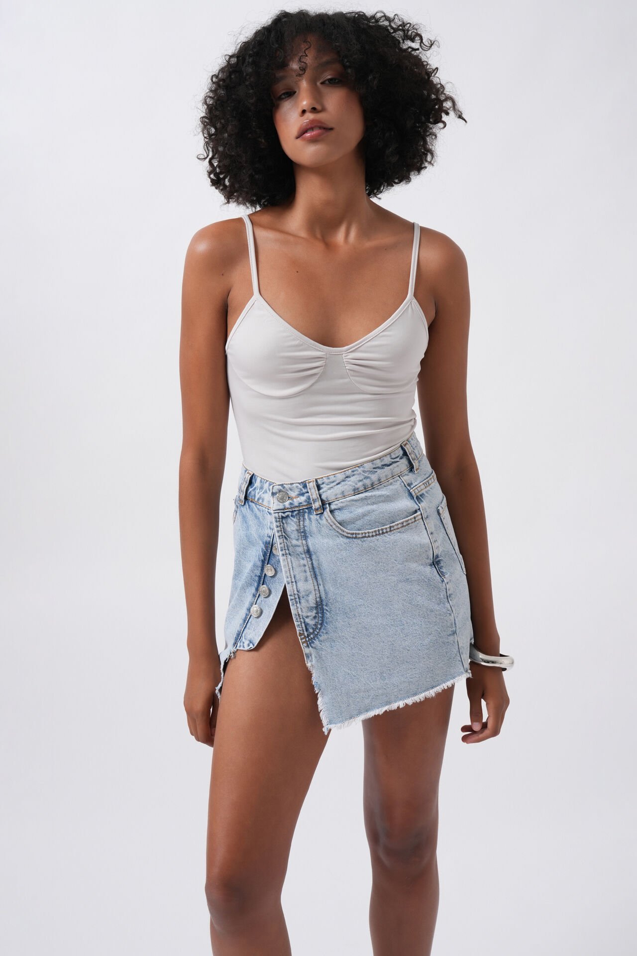 Wholesale Button Detail Asymmetric Denim Light Blue Skirt