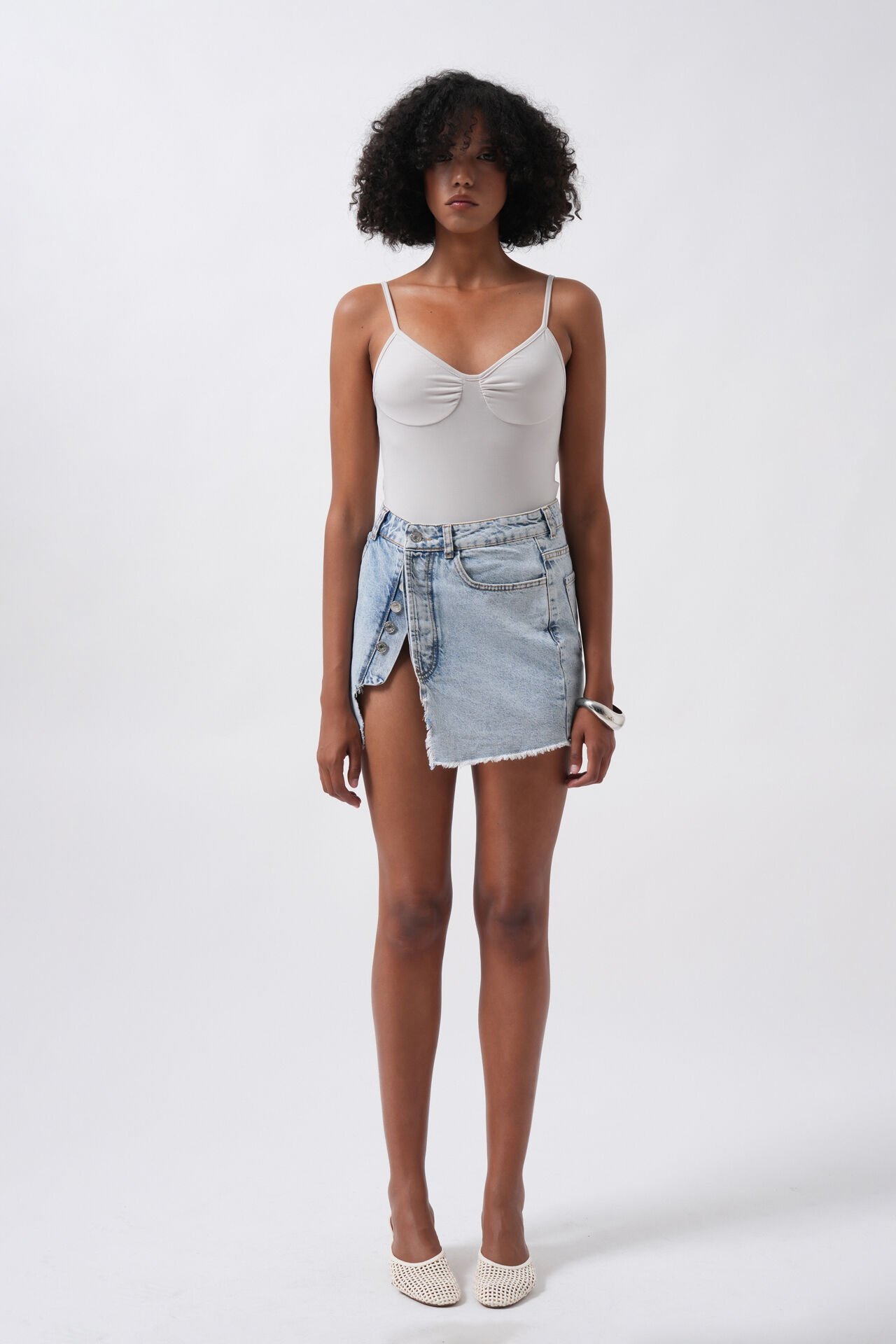 Wholesale Button Detail Asymmetric Denim Light Blue Skirt