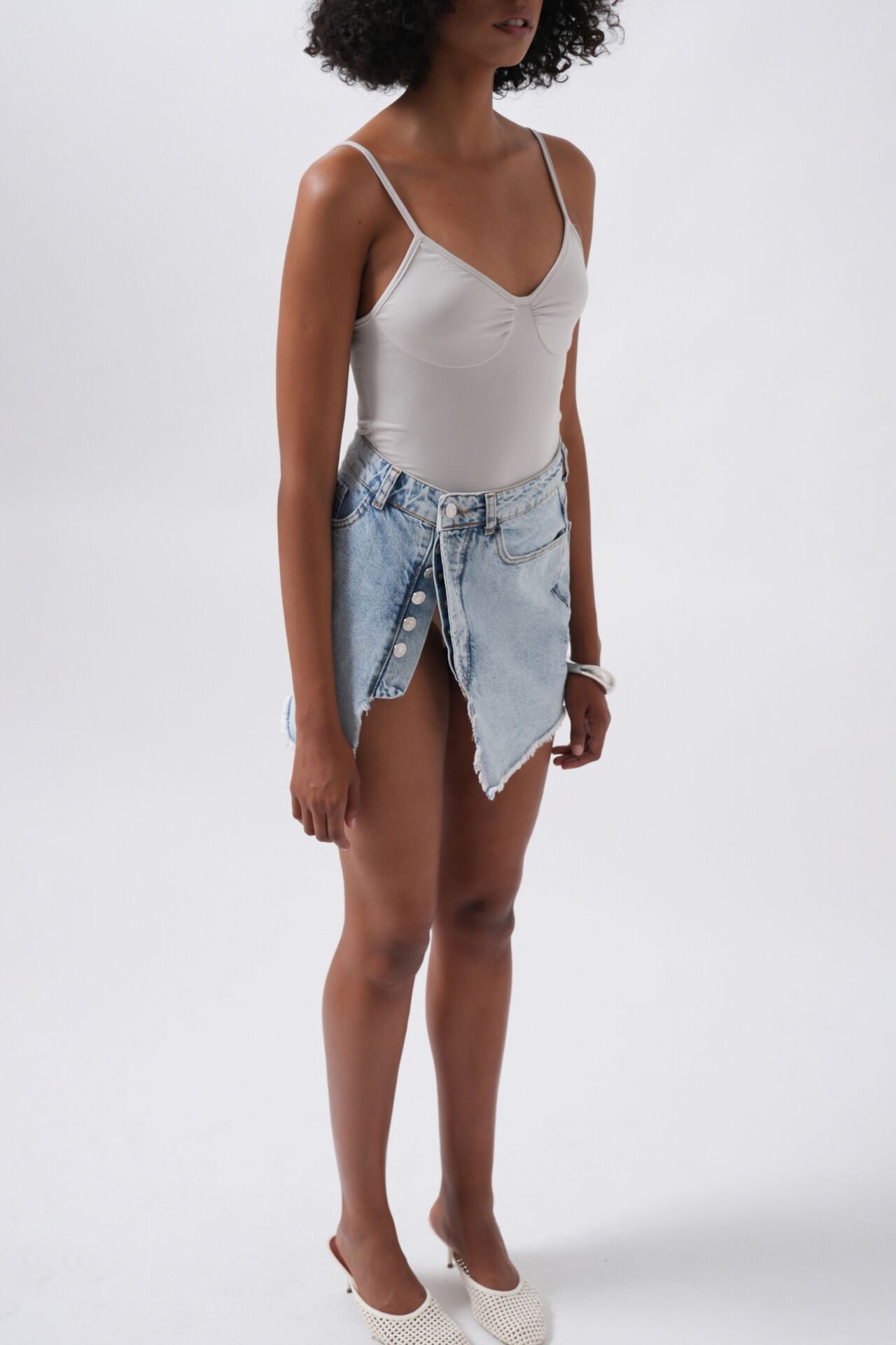 Wholesale Button Detail Asymmetric Denim Light Blue Skirt