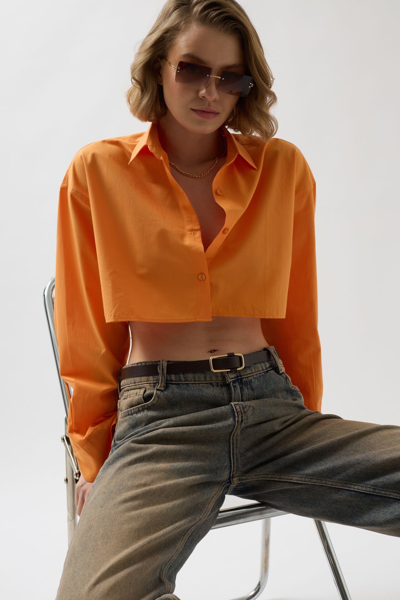 Toptan Crop Turuncu Oversize Gömlek