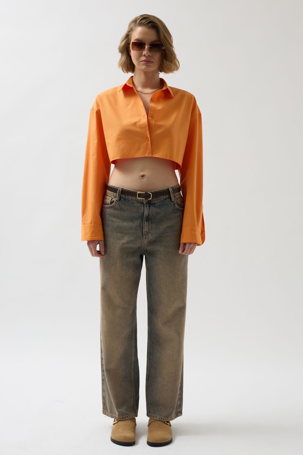 Toptan Crop Turuncu Oversize Gömlek