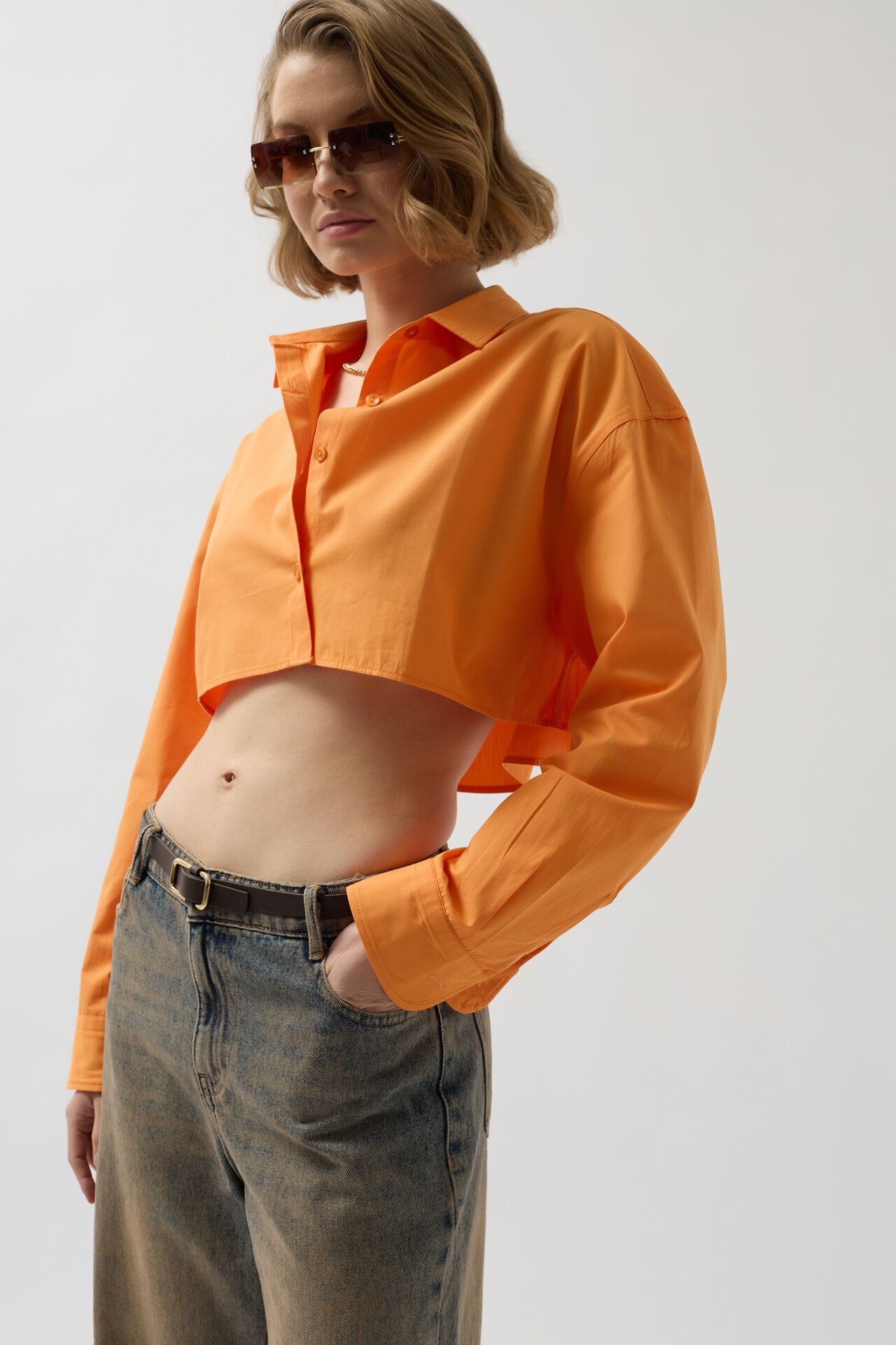Toptan Crop Turuncu Oversize Gömlek