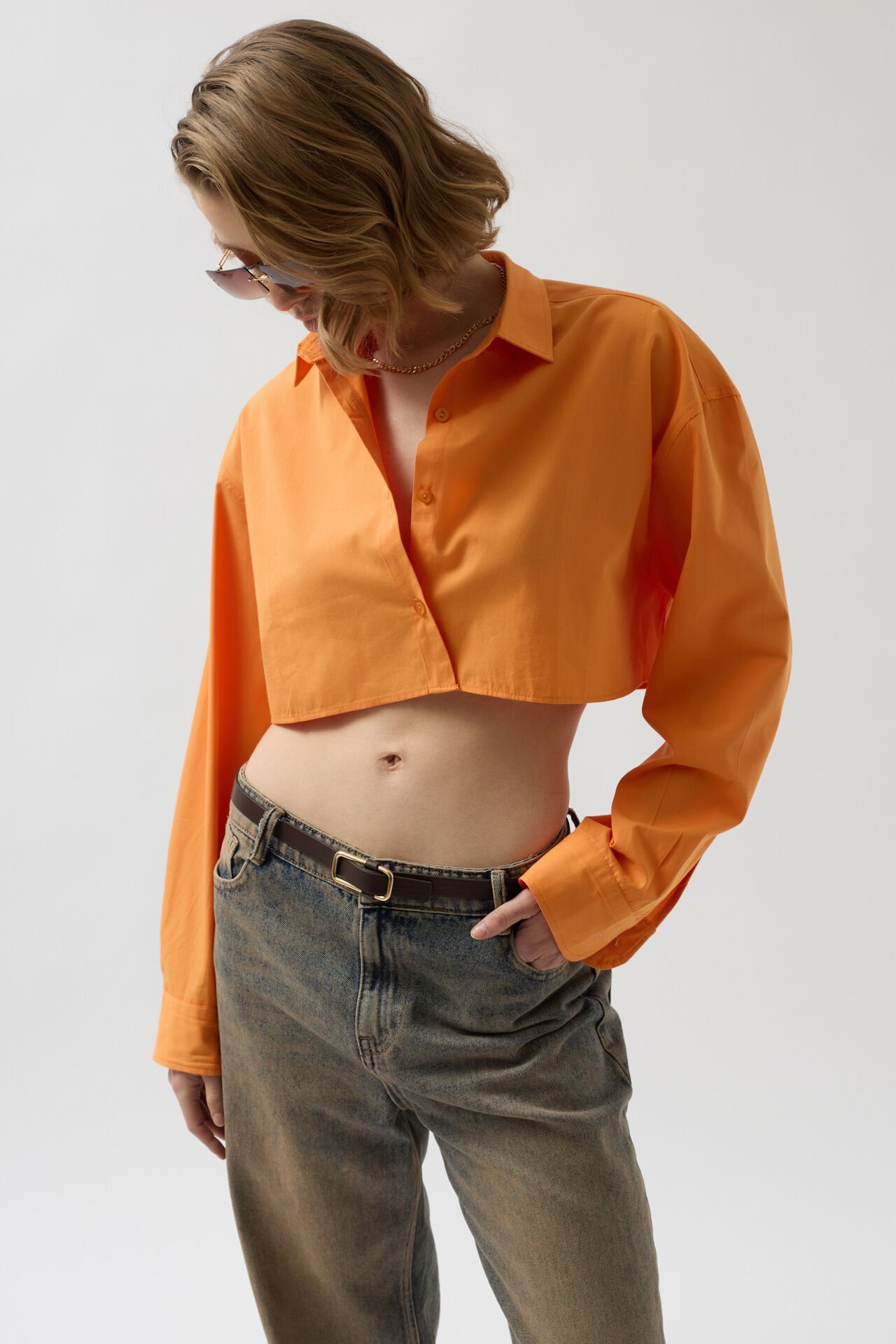 Toptan Crop Turuncu Oversize Gömlek
