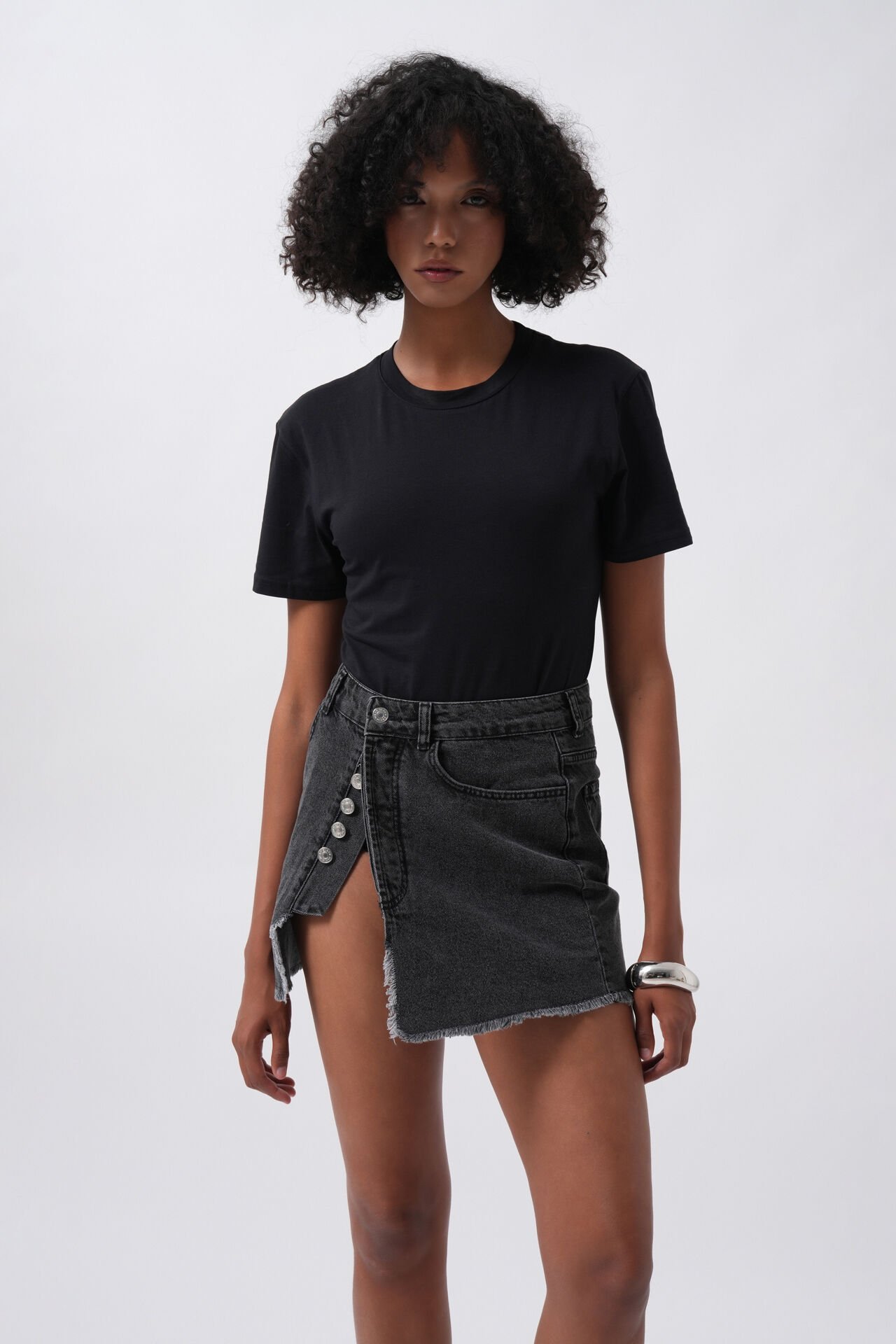 Wholesale Button Detail Asymmetrical Denim Black Skirt