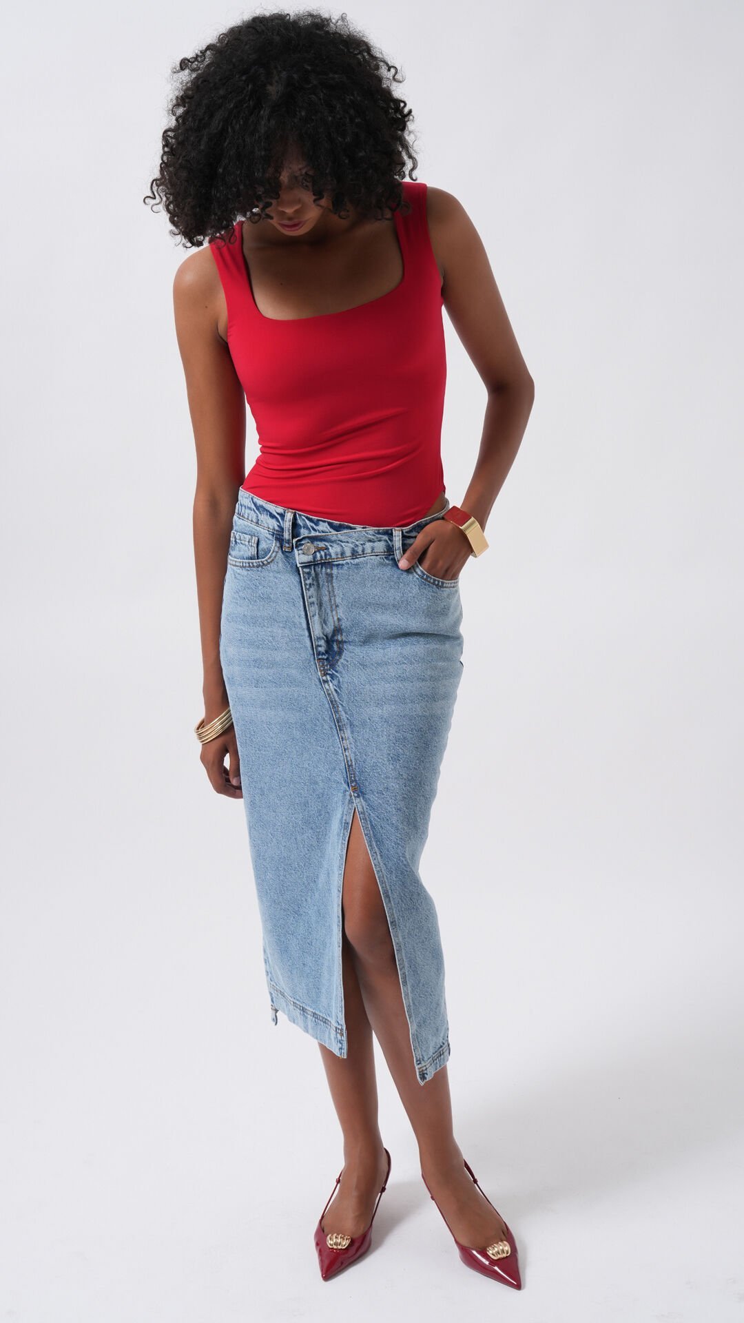 Toptan Yırtmaç Detay Denim Midi Açık Mavi Etek