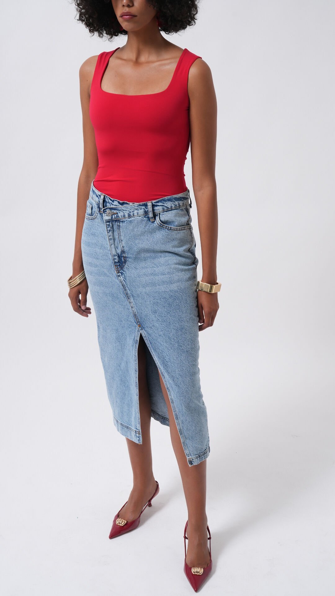 Toptan Yırtmaç Detay Denim Midi Açık Mavi Etek