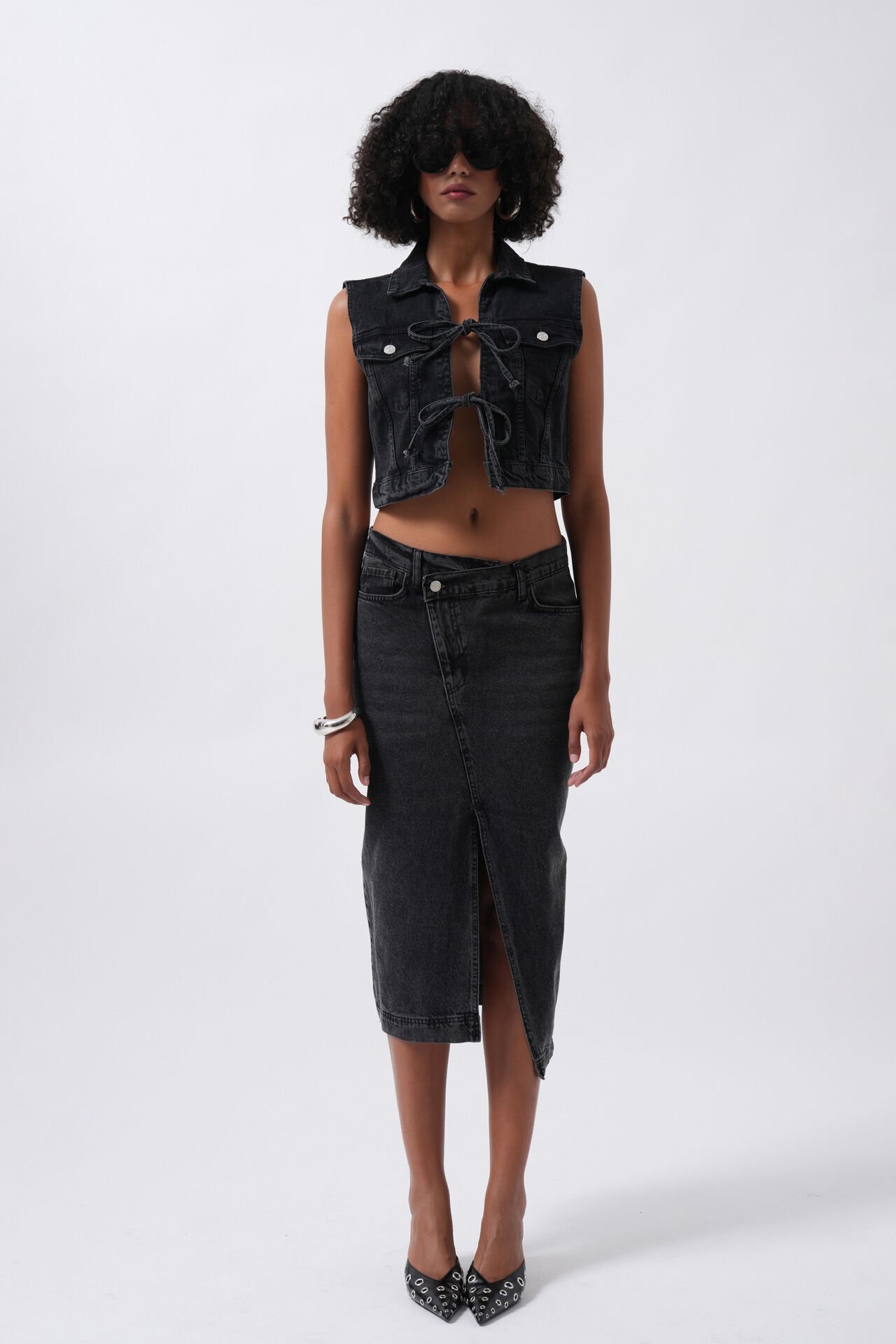Wholesale Tie Detail Denim Black Vest