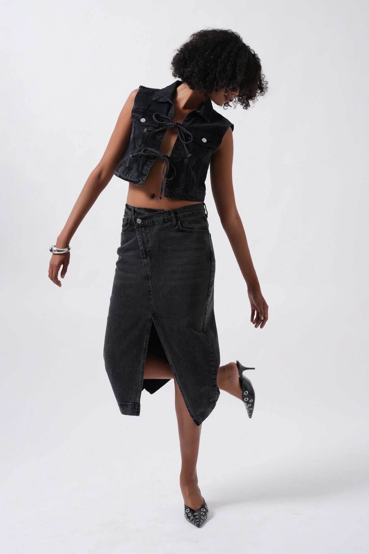 Wholesale Tie Detail Denim Black Vest