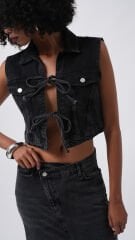 Toptan Bağlama Detay Denim Siyah Yelek