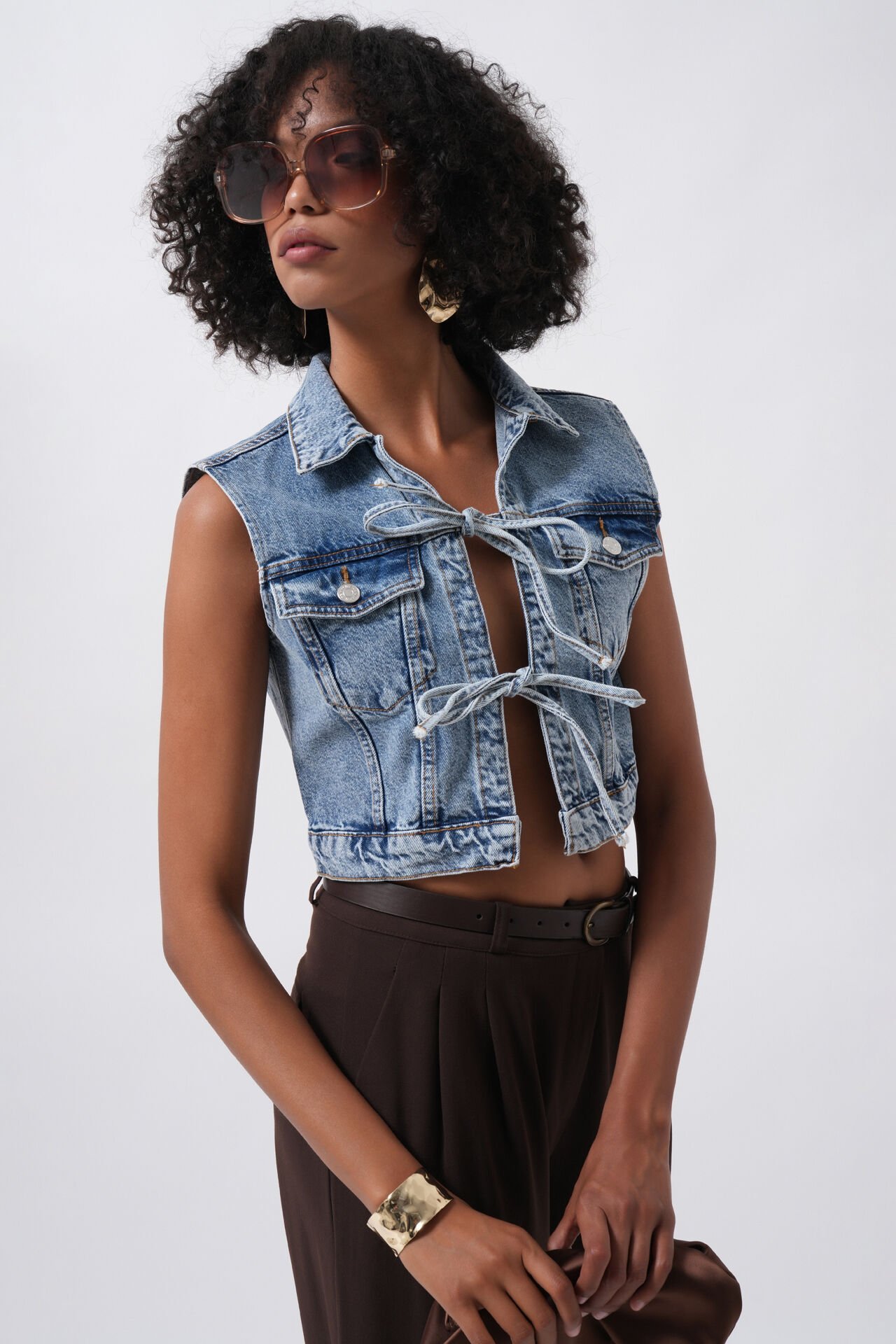Wholesale Tie Detail Denim Blue Vest