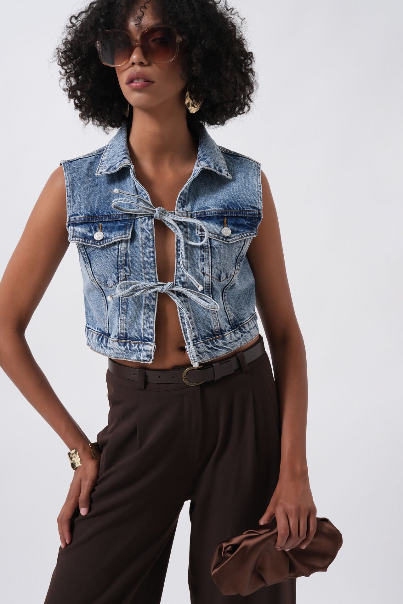 Wholesale Tie Detail Denim Blue Vest