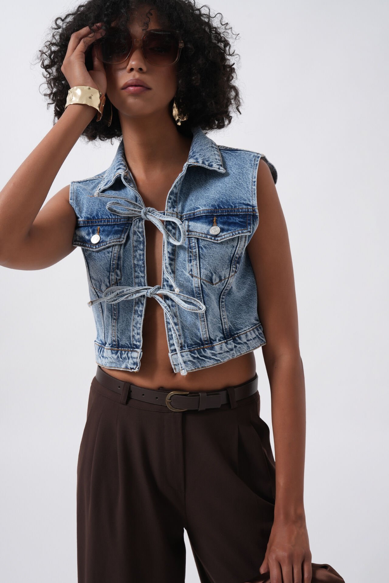 Wholesale Tie Detail Denim Blue Vest
