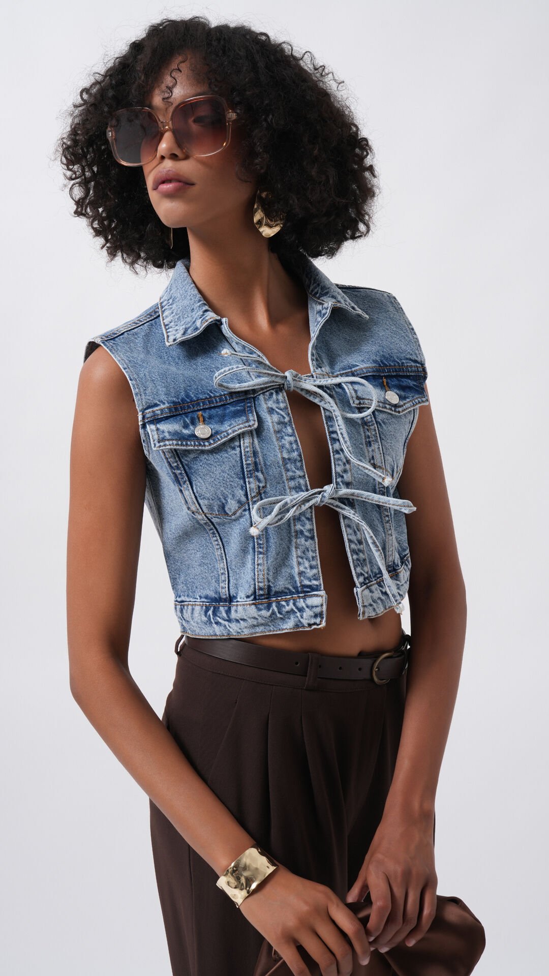 Wholesale Tie Detail Denim Blue Vest