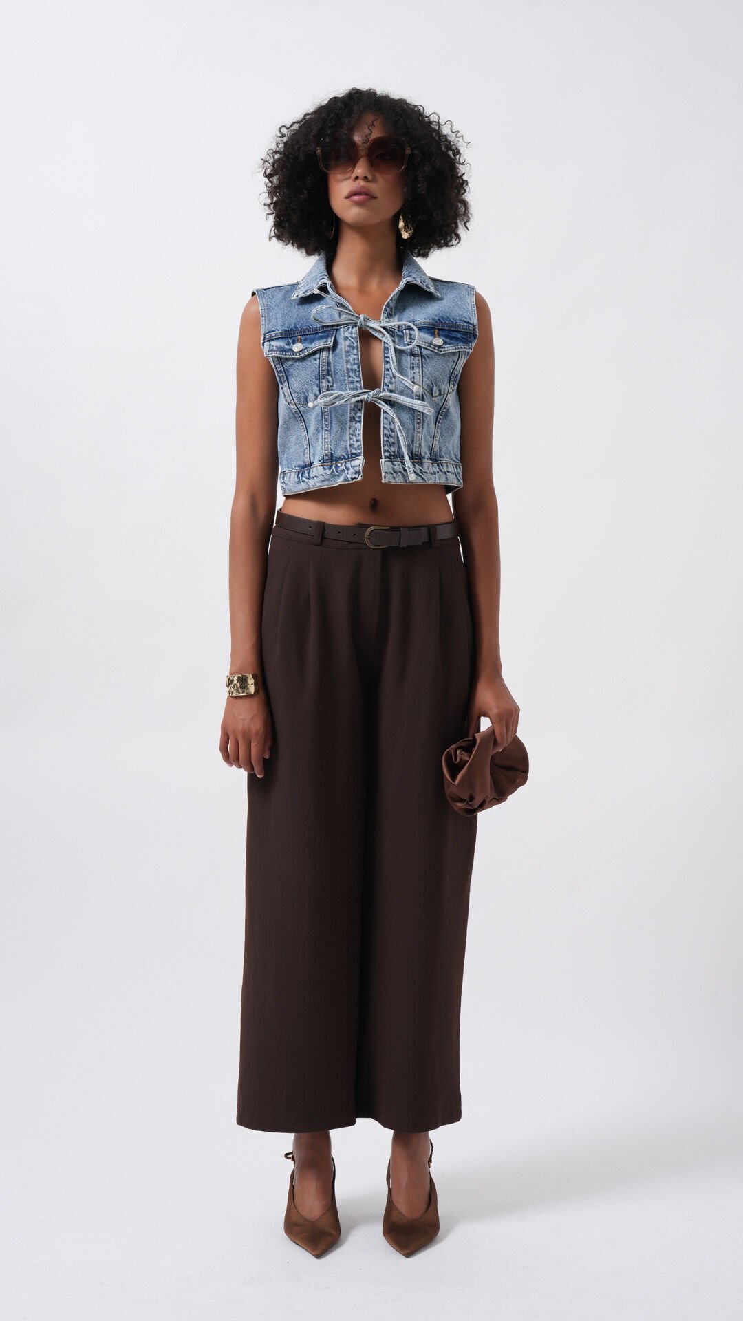 Wholesale Tie Detail Denim Blue Vest