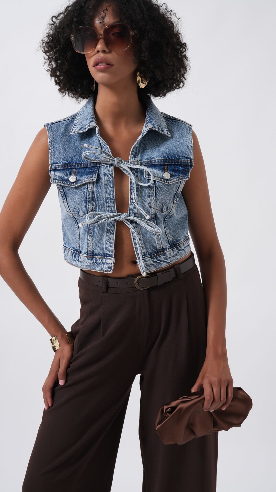 Toptan Bağlama Detay Denim Mavi Yelek