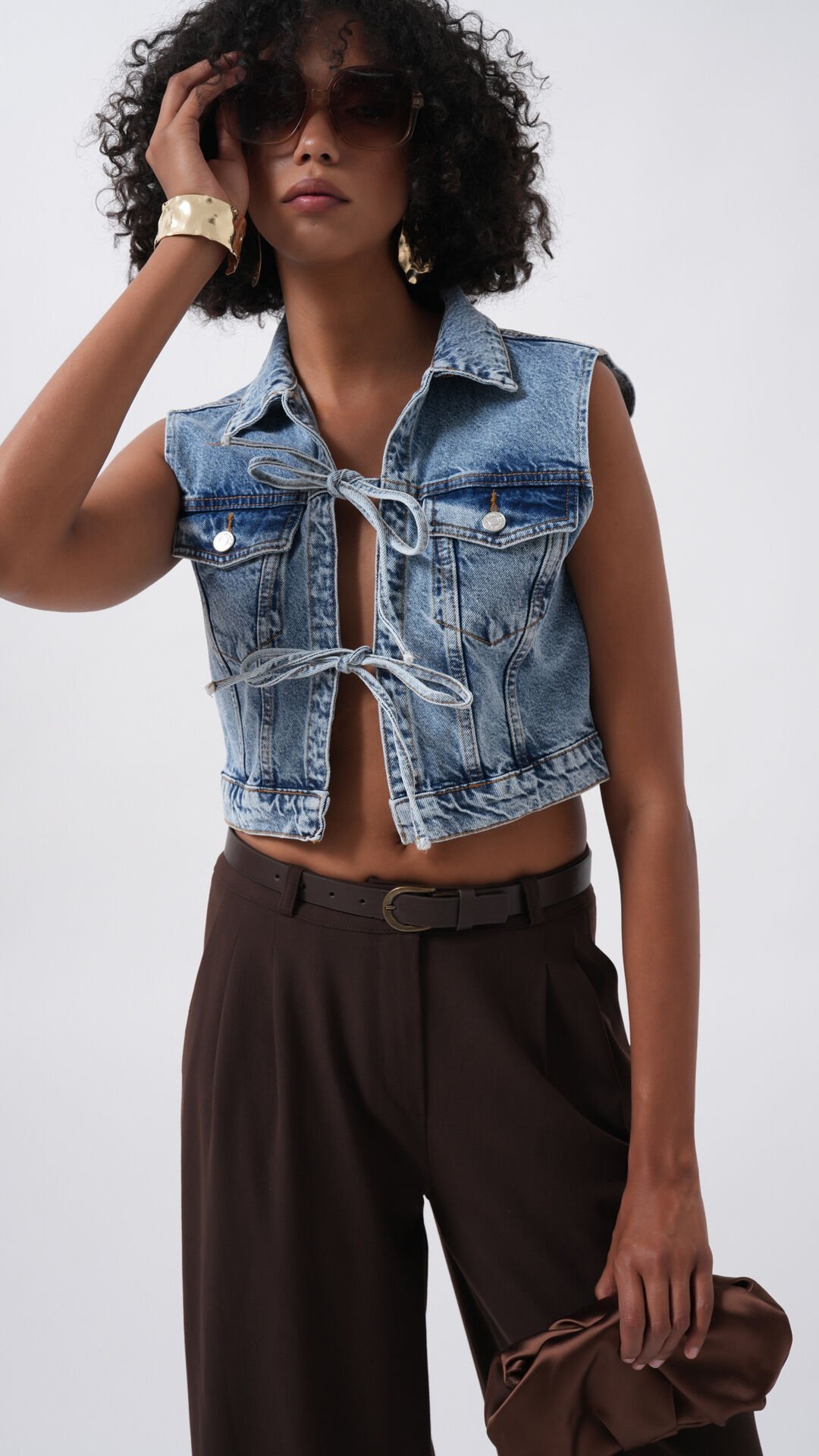 Wholesale Tie Detail Denim Blue Vest