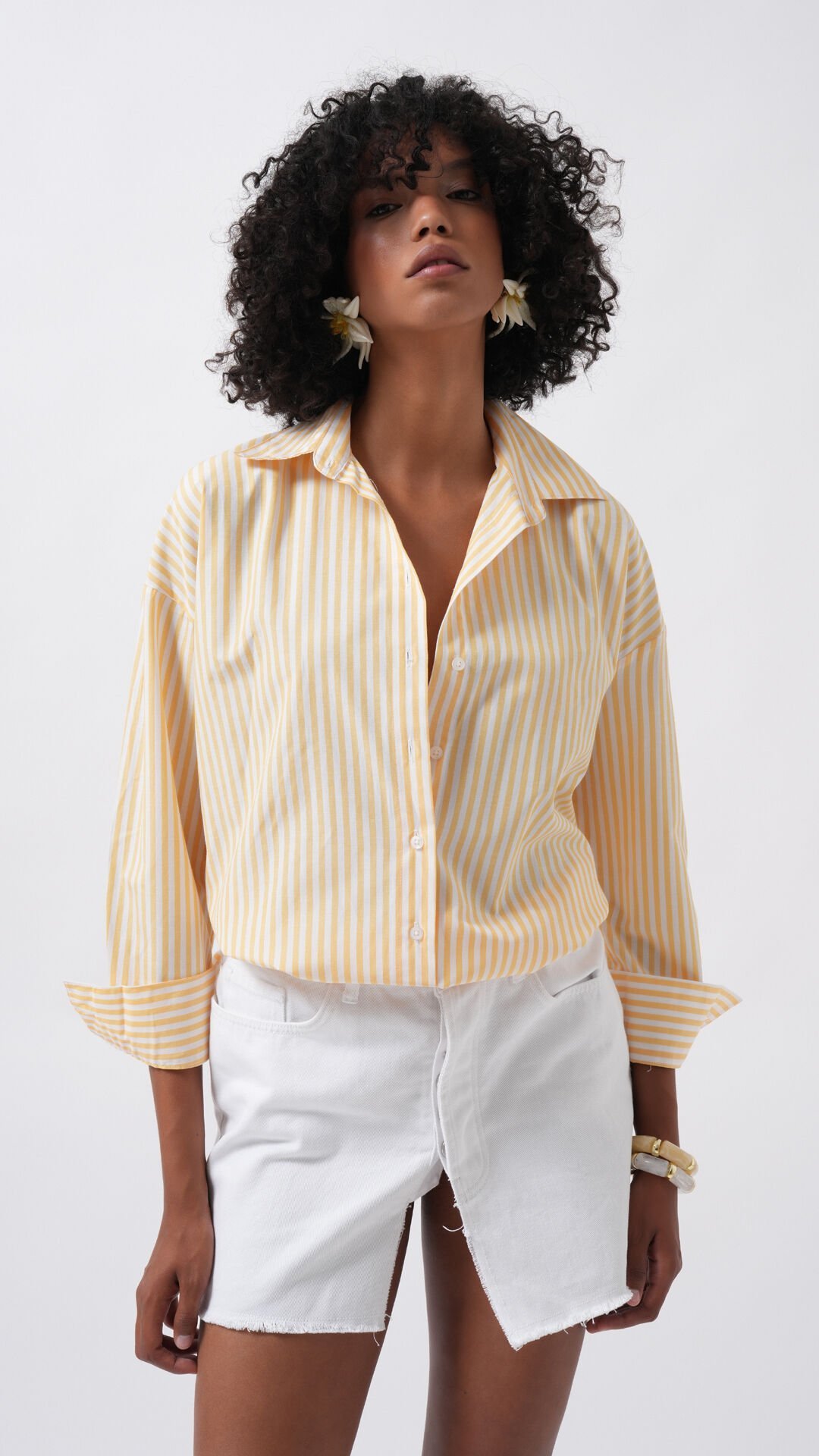 Wholesale Striped Detail Oversize Yellow Shirt
