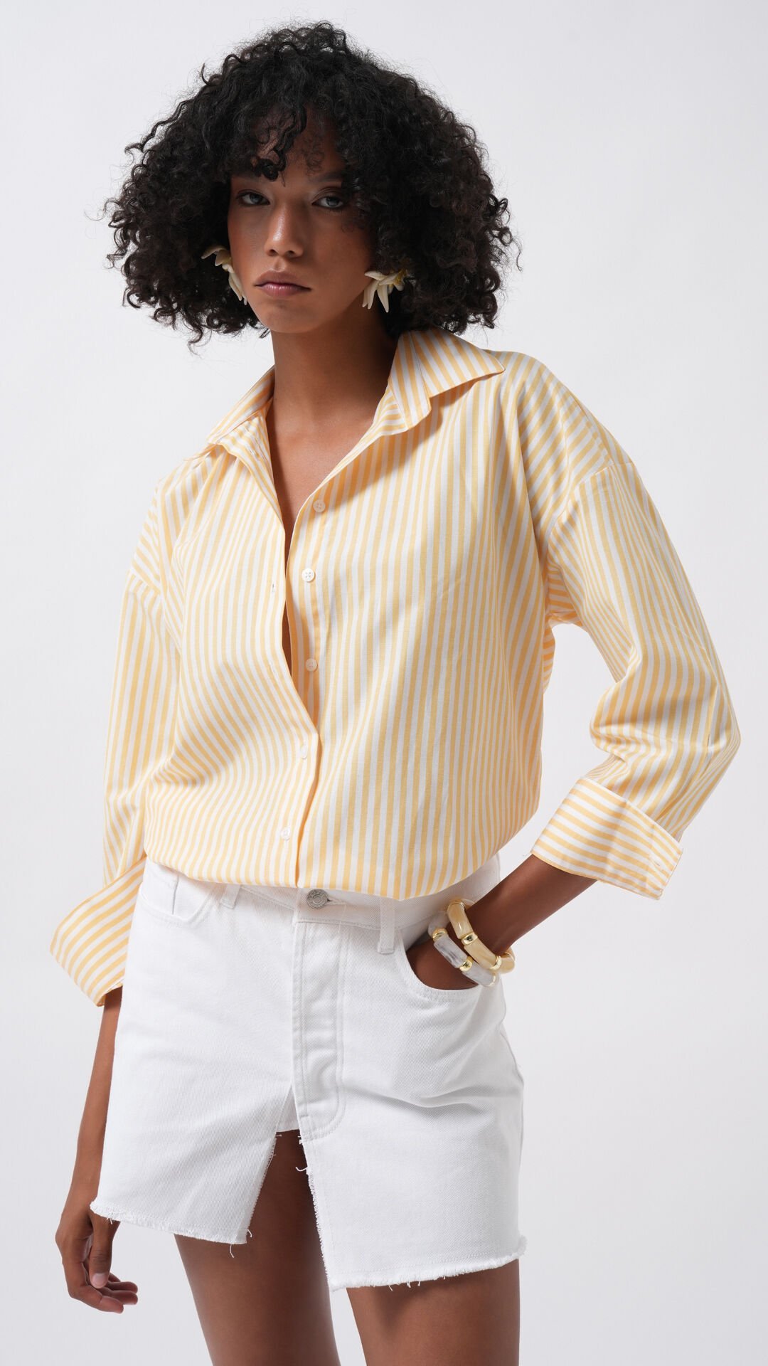 Wholesale Striped Detail Oversize Yellow Shirt