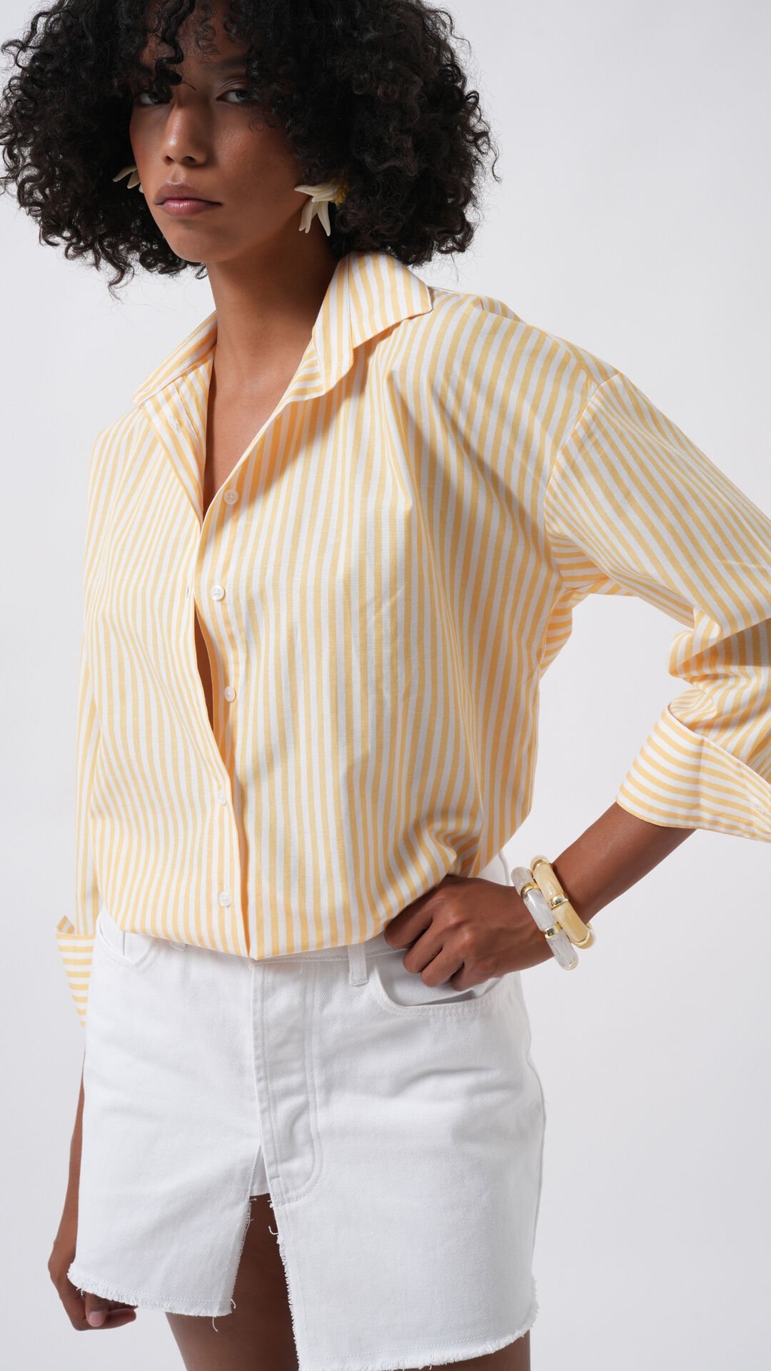 Wholesale Striped Detail Oversize Yellow Shirt