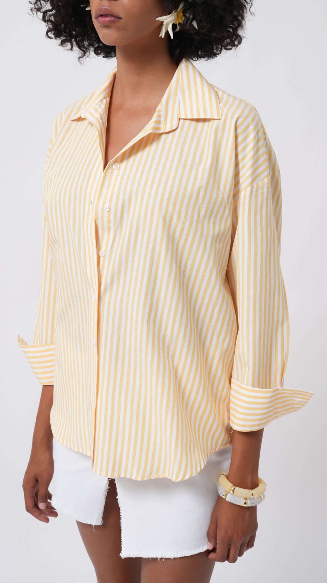 Wholesale Striped Detail Oversize Yellow Shirt